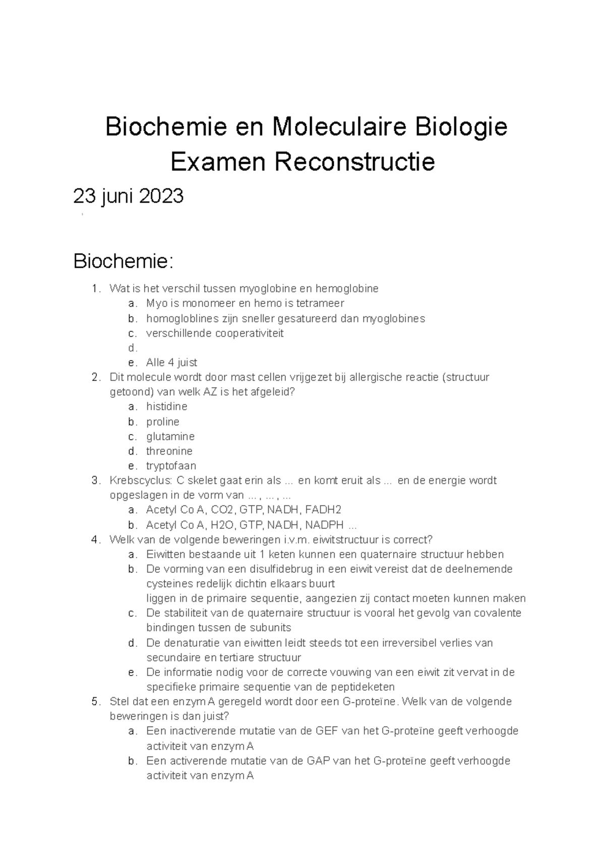 Biochemie En Moleculaire Biologie Biochemie En Moleculaire Biologie Examen Studocu