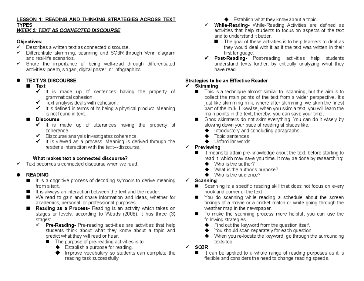 Week 2 Text As Connected Discourse - LESSON 1: READING AND THINKING ...