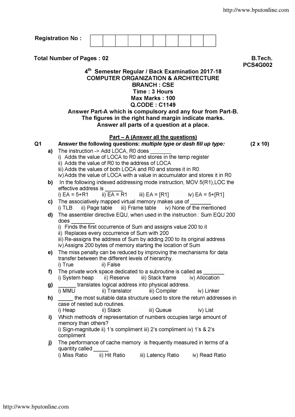 Btech Cse 4 Sem Computer Organization And Architecture Pcs4g002 2018 ...