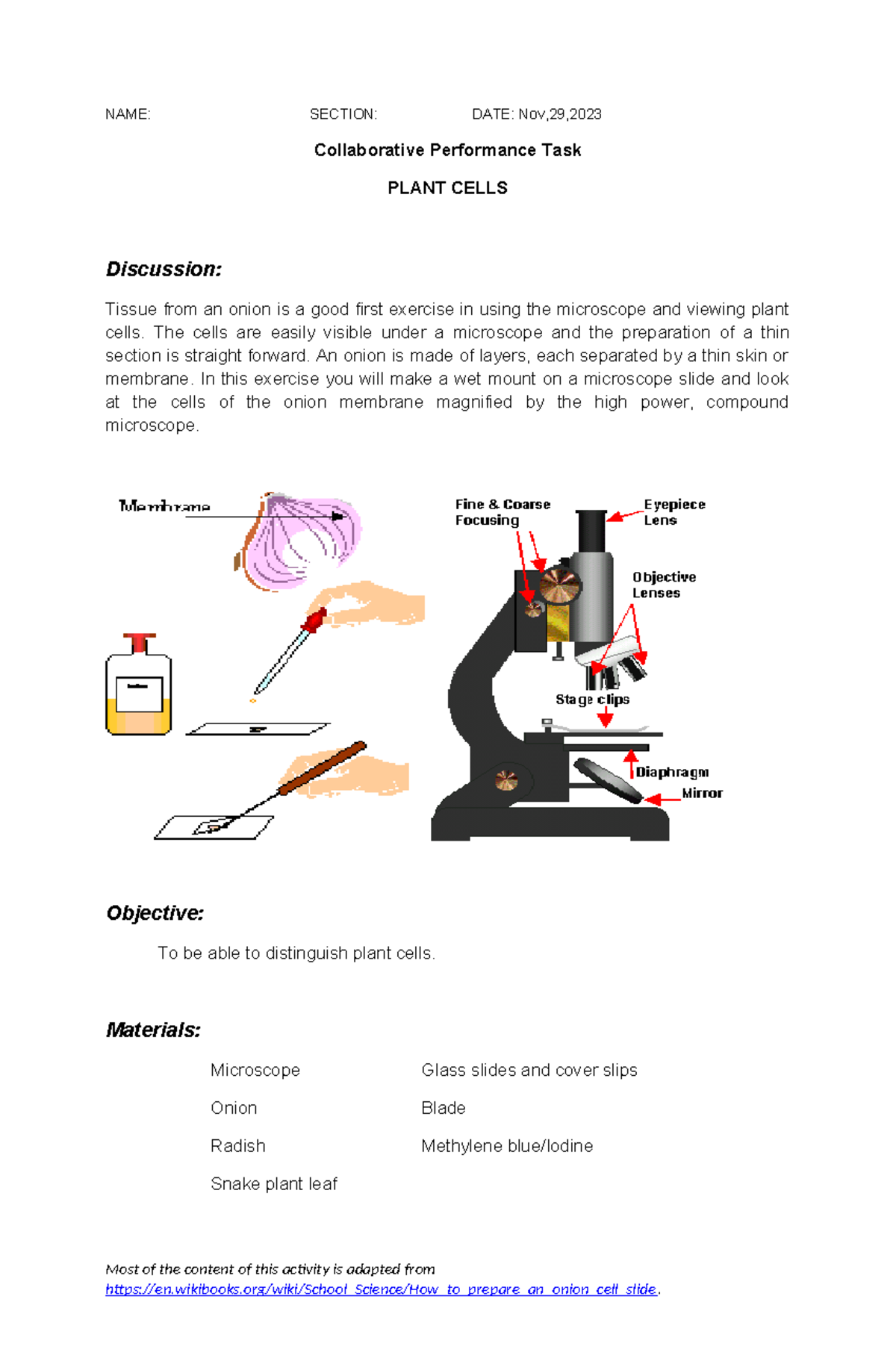 Performance Task Plant and Animal Cell Laboratory Experiment NAME