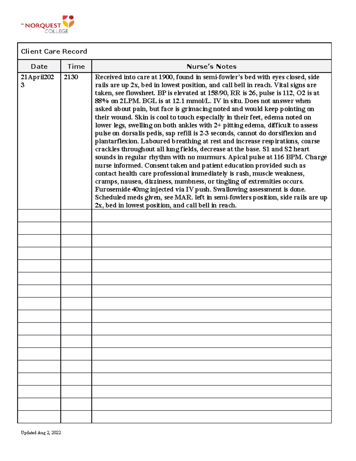 Client Care Record-3 - Client Care Record Date Time Nurse’s Notes ...