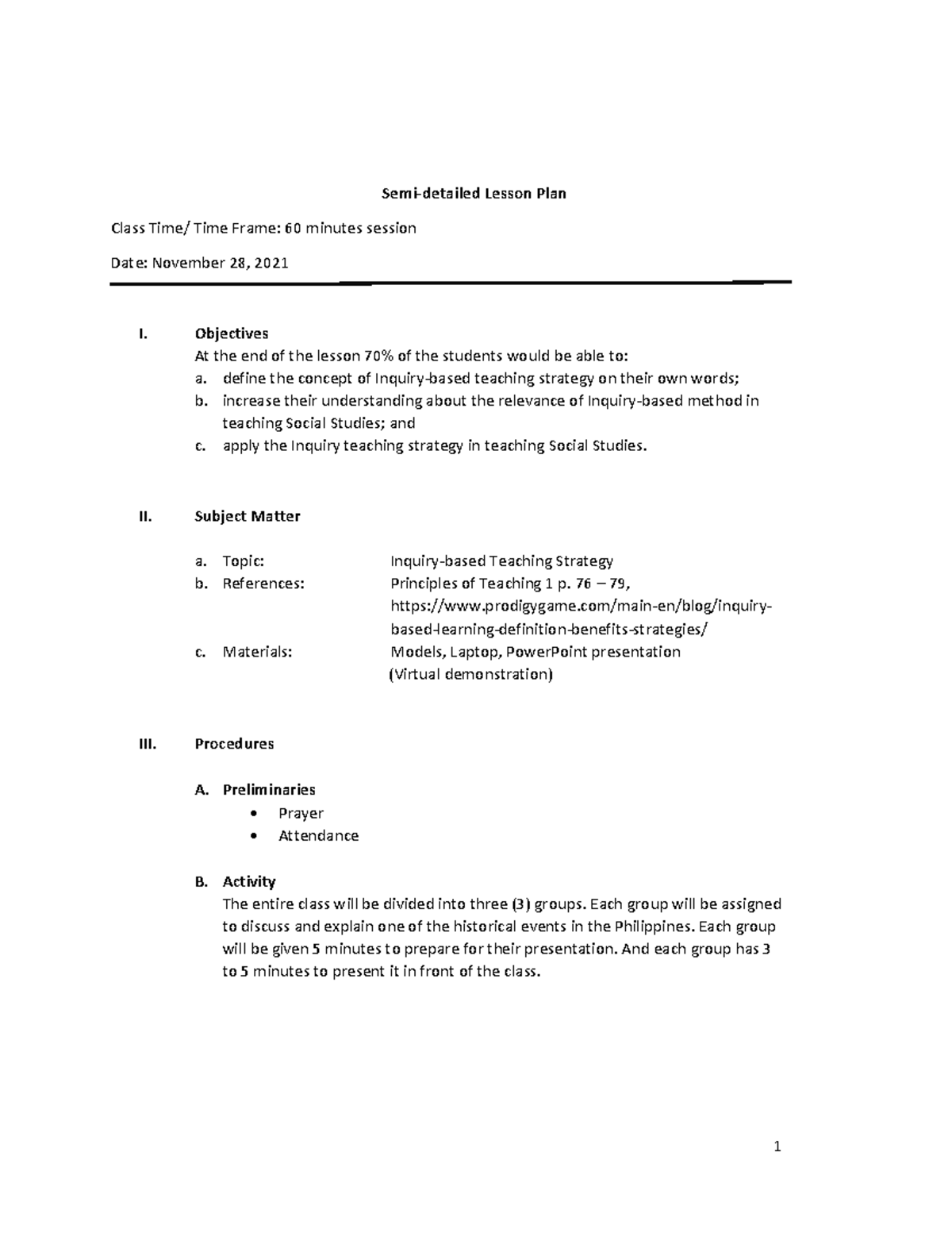 Semi-detailed lesson plan - Semi-detailed Lesson Plan Class Time/ Time ...