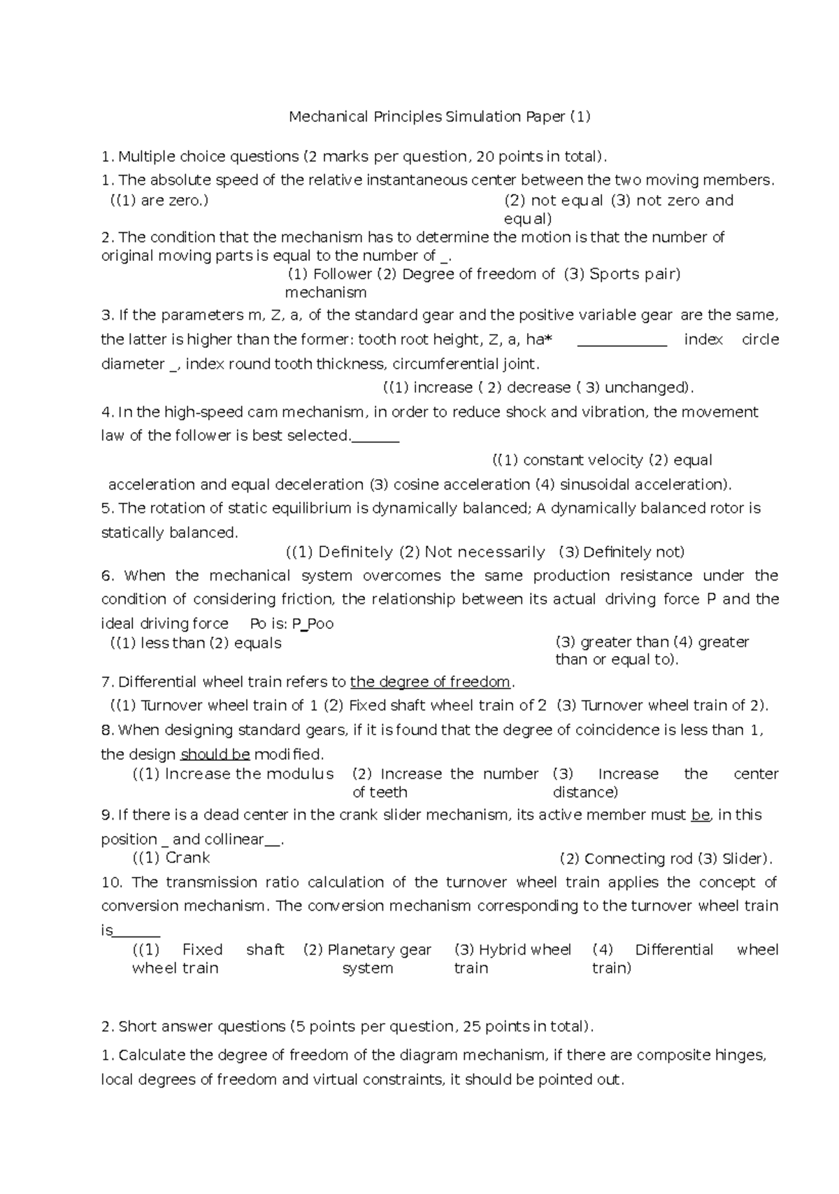 Mechanical Principles Simulation Paper - Multiple choice questions (2 ...