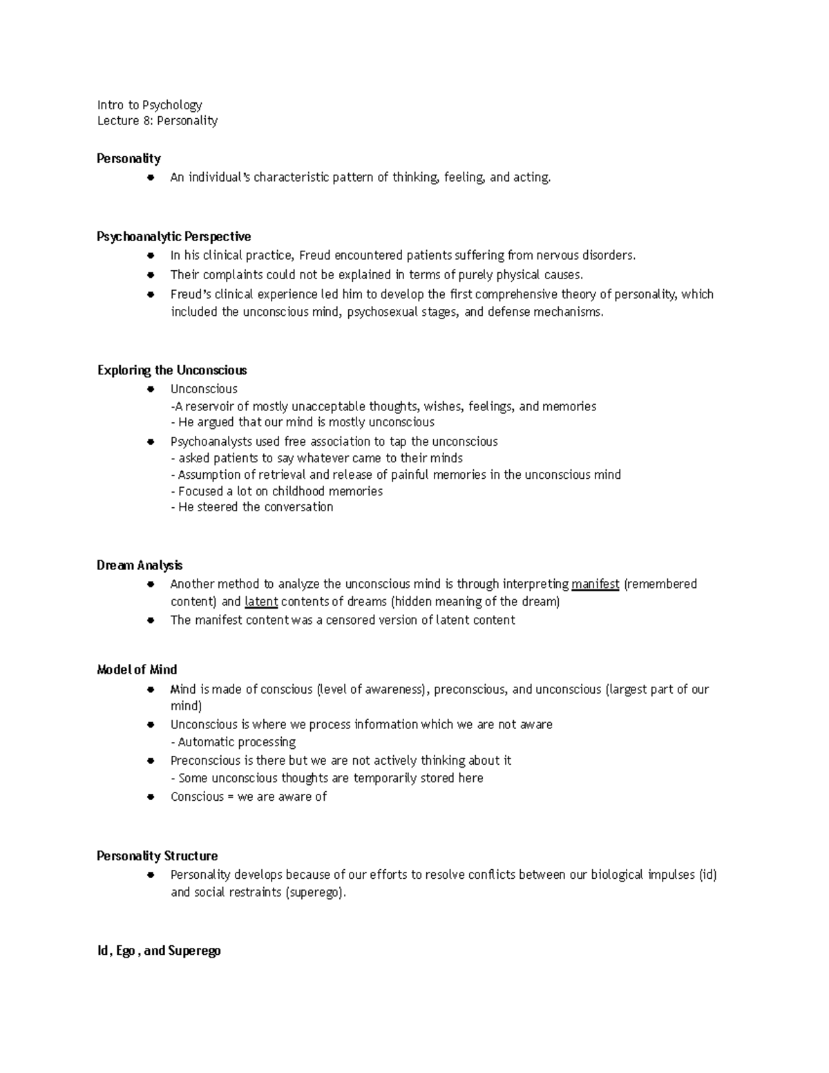 Intro to psych week 8 - Intro to Psychology Lecture 8: Personality ...