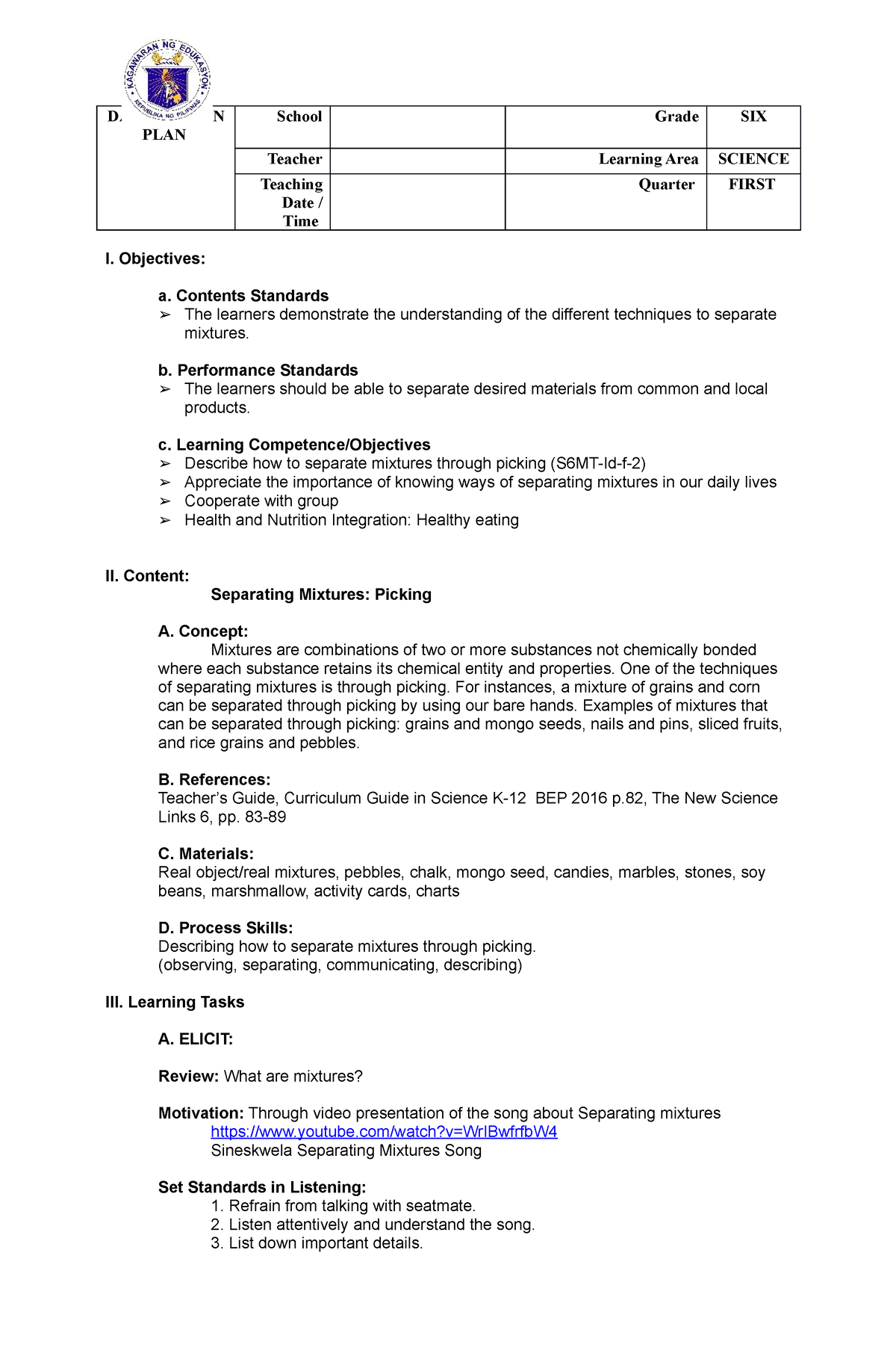 Q1-W4-D1-Separating Mixtures - Picking - DAILY LESSON PLAN School Grade ...