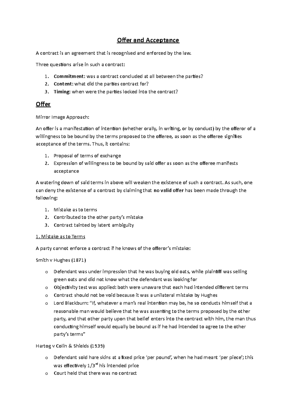 01 Offer and Acceptance Notes - Offer and Acceptance A contract is an ...