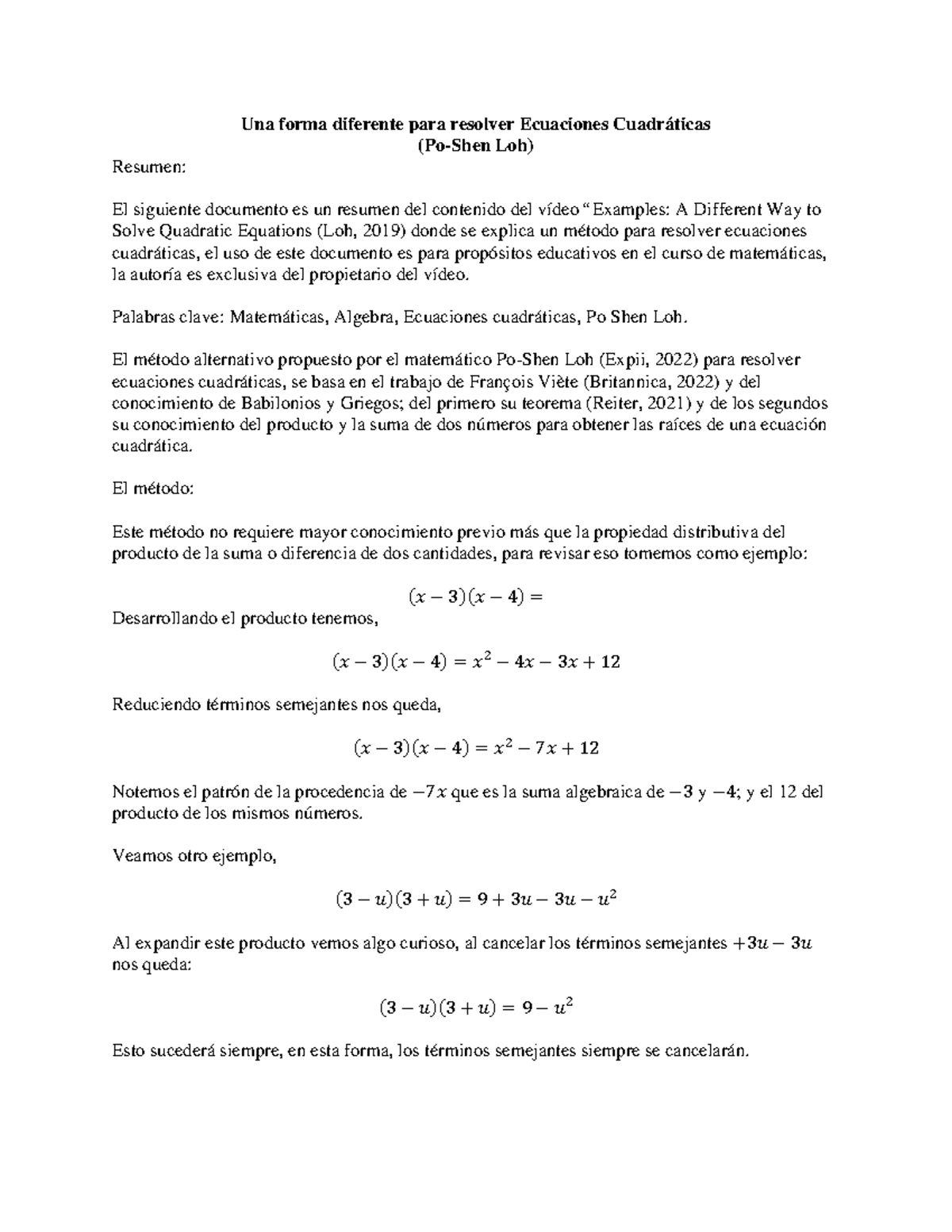 Metodo Po Shen Loh para resolver Ecuaciones Cuadraticas - Una forma ...