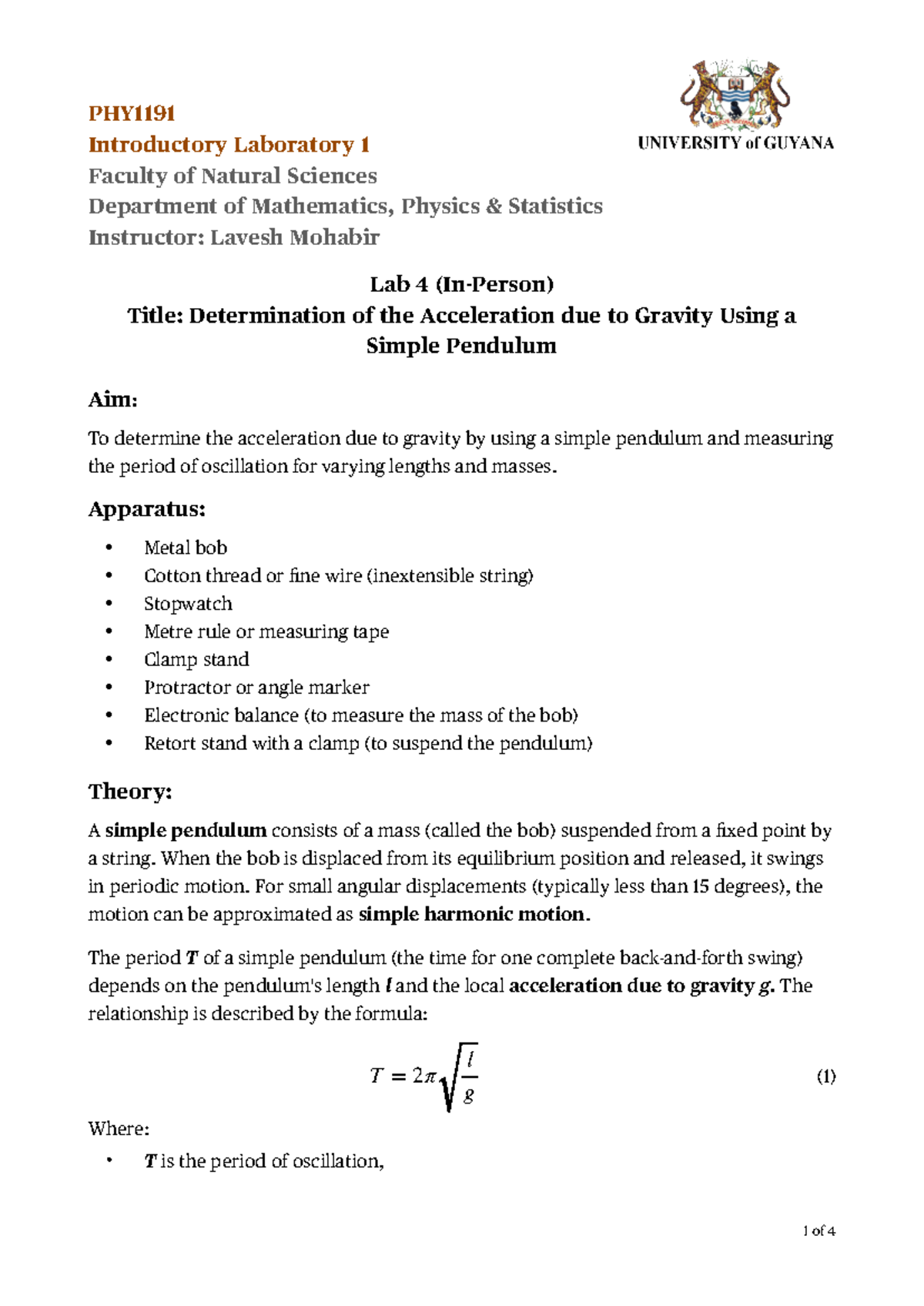 Simple Pendulum Lab - to be done - Introductory Laboratory 1 Faculty of ...