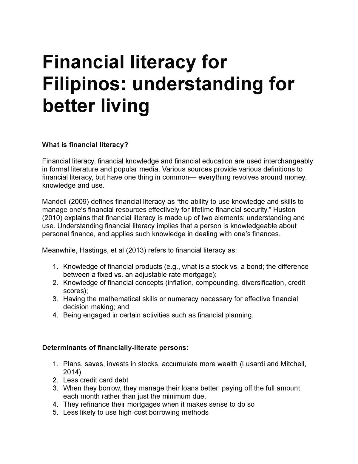 financial literacy in the philippines essay