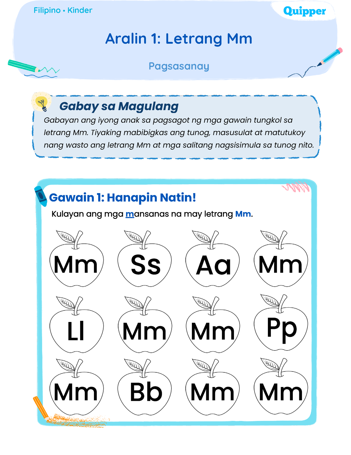 Letrang Mm At Ss Filipino • Kinder Aralin 1 Letrang Mm Pagsasanay