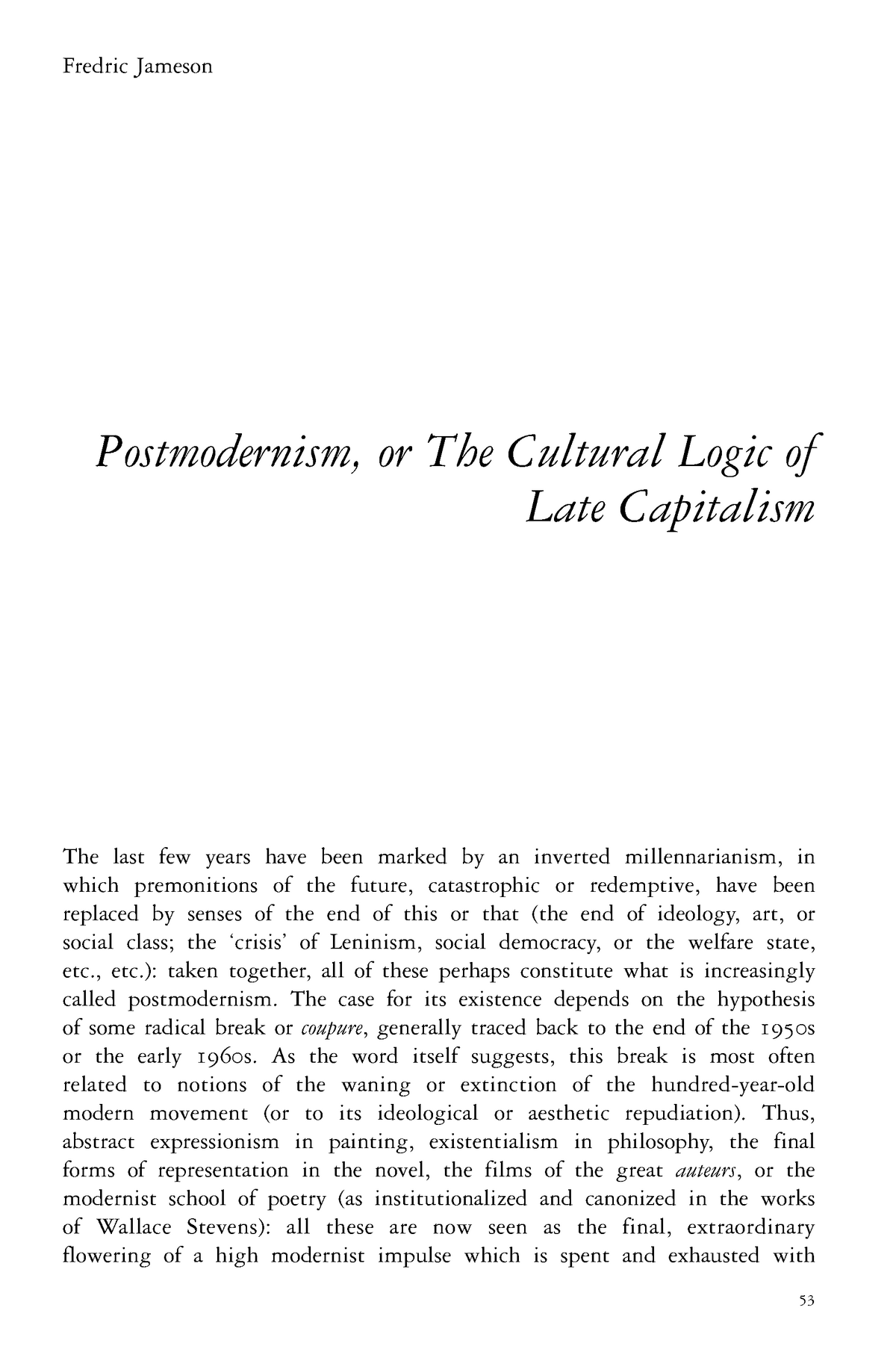 fredric jameson postmodernism essay