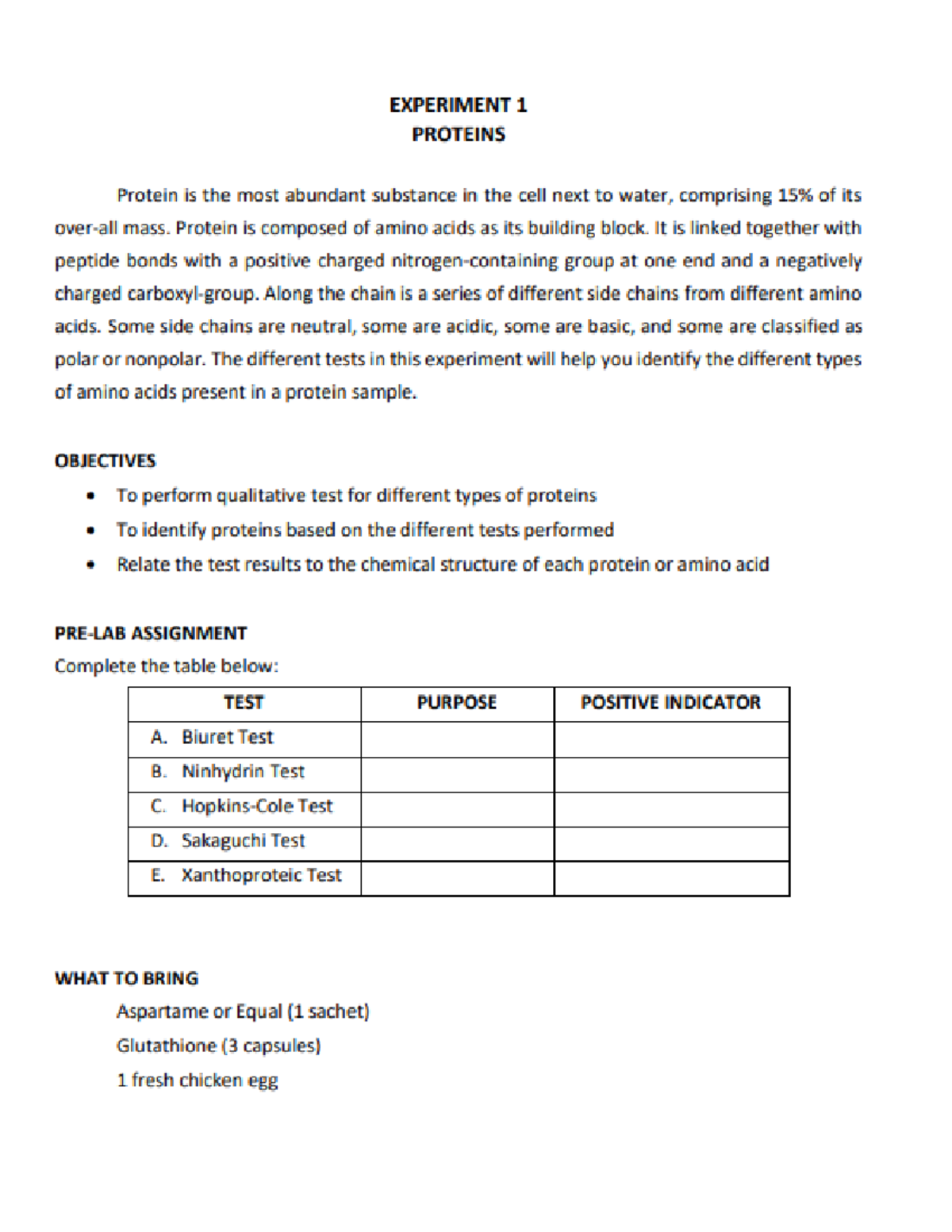 Experiment-1-Bio Chem - EXPERIMENT 1 PROTEINS Protein is the most ...