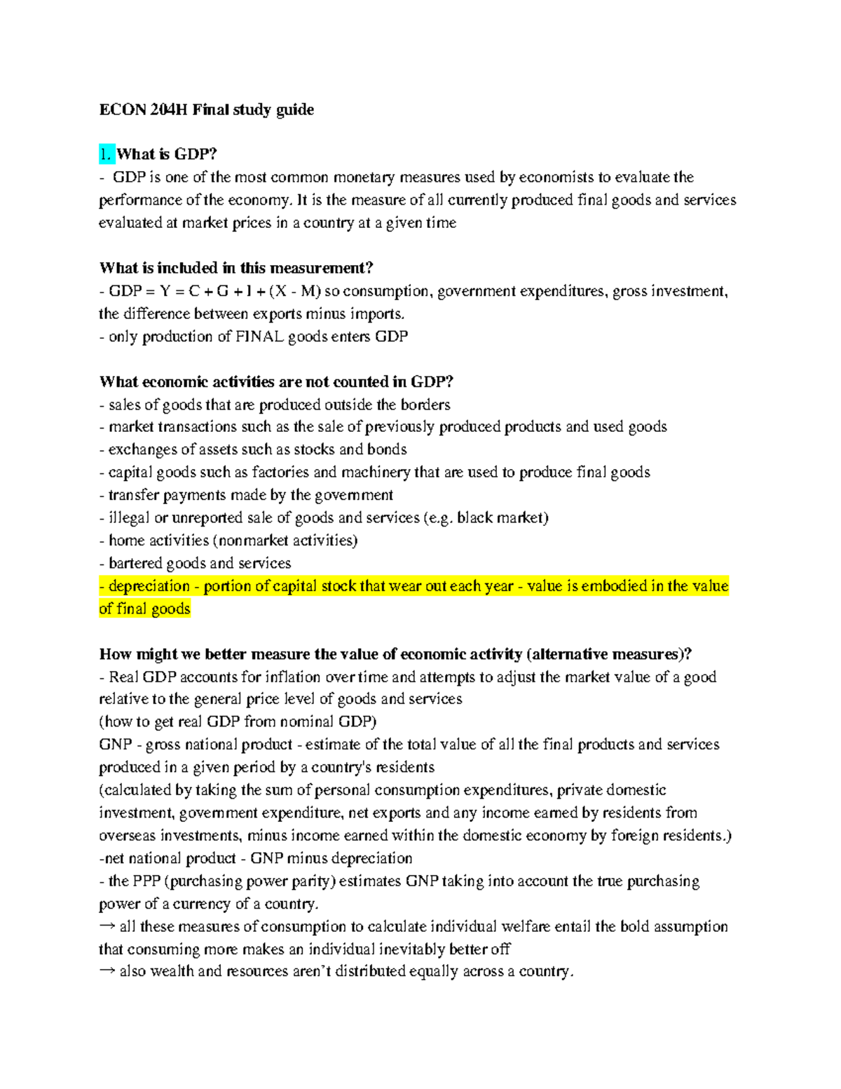 ECON 204H final study guide - ECON 204H Final study guide What is GDP ...