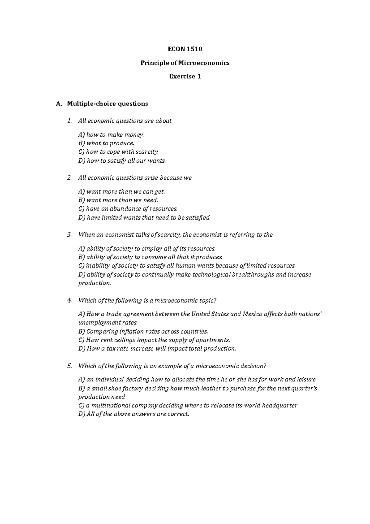 ECON 1510 Exercise 1 - ECON 1510 Principle of Microeconomics Exercise 1 ...