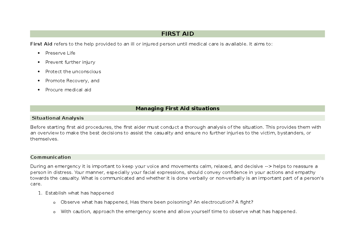 First Aid Review - FIRST AID First Aid refers to the help provided to ...