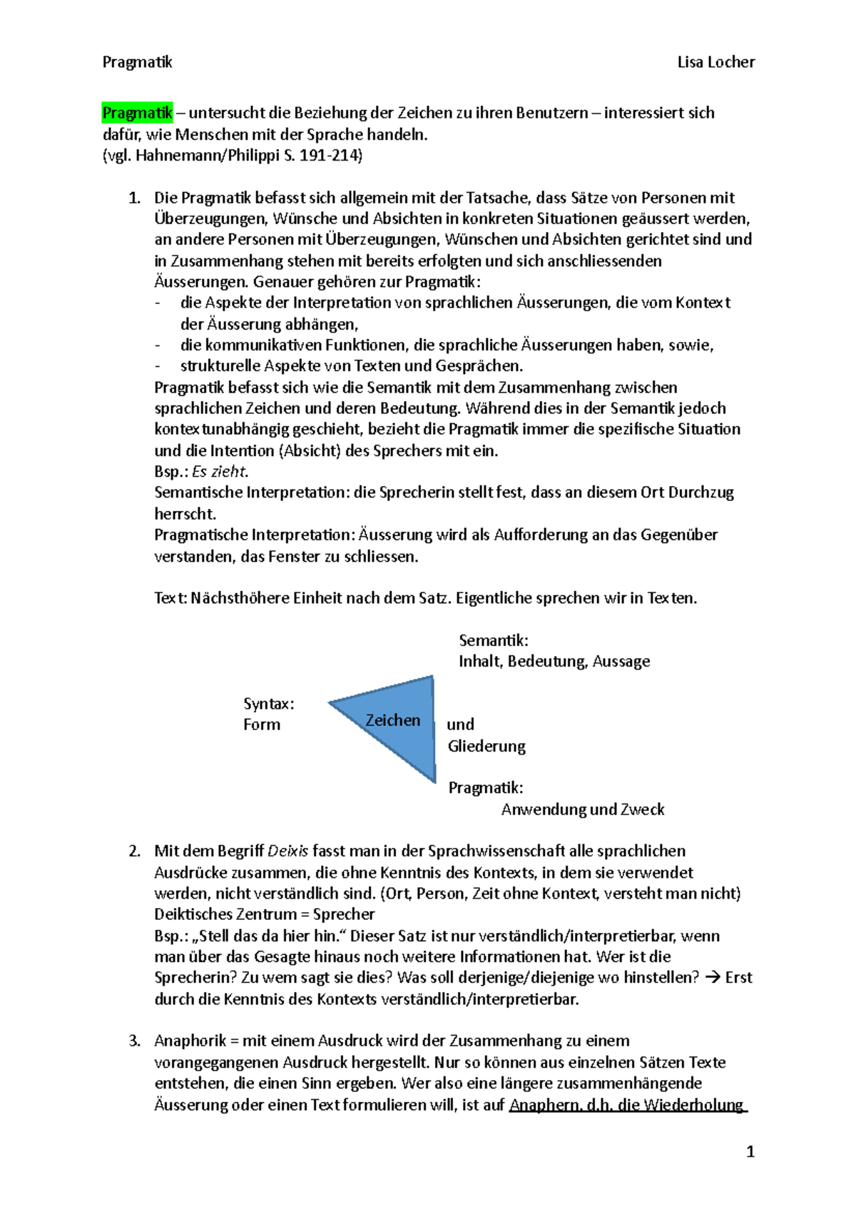 Pragmatik - Zusammenfassung Fachwissenschaft Deutsch - Pragmatik Lisa ...