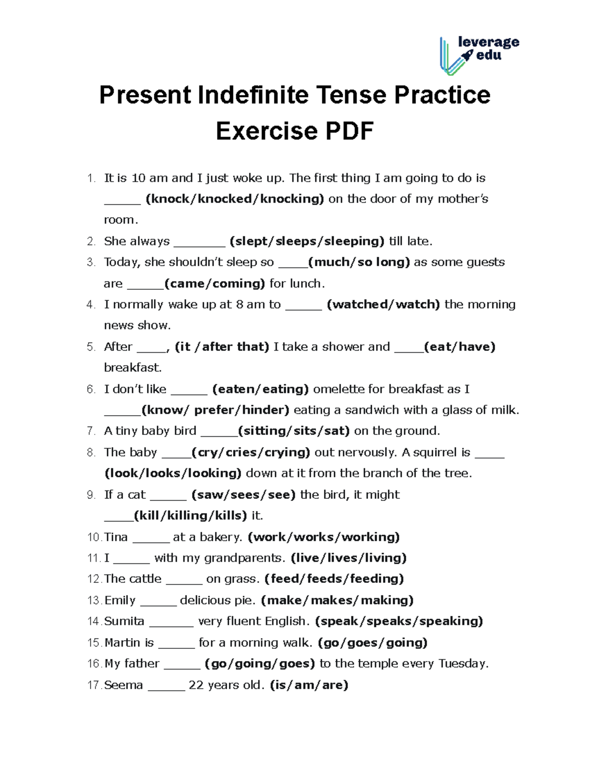 Present Indefinite Tense Practice Exercise PDF - The first thing I am ...