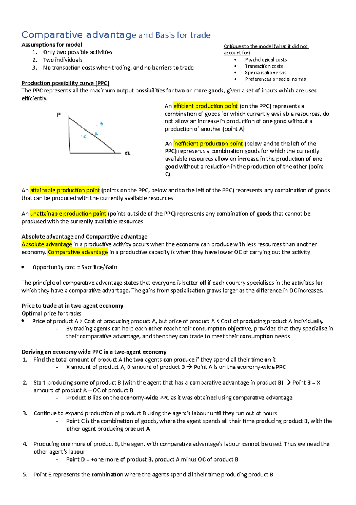 ECON1101 - Comparative Advantage And Basis For Trade Assumptions For ...