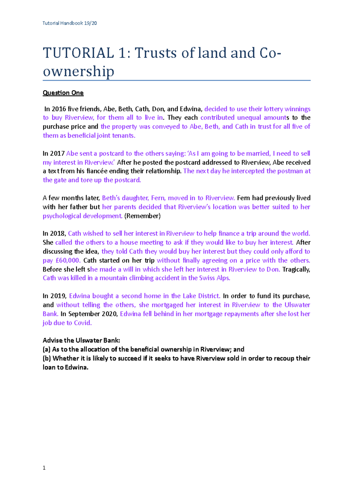 LL2082 Tutorial Sheets 2020-2021 - TUTORIAL 1: Trusts of land and Co ...