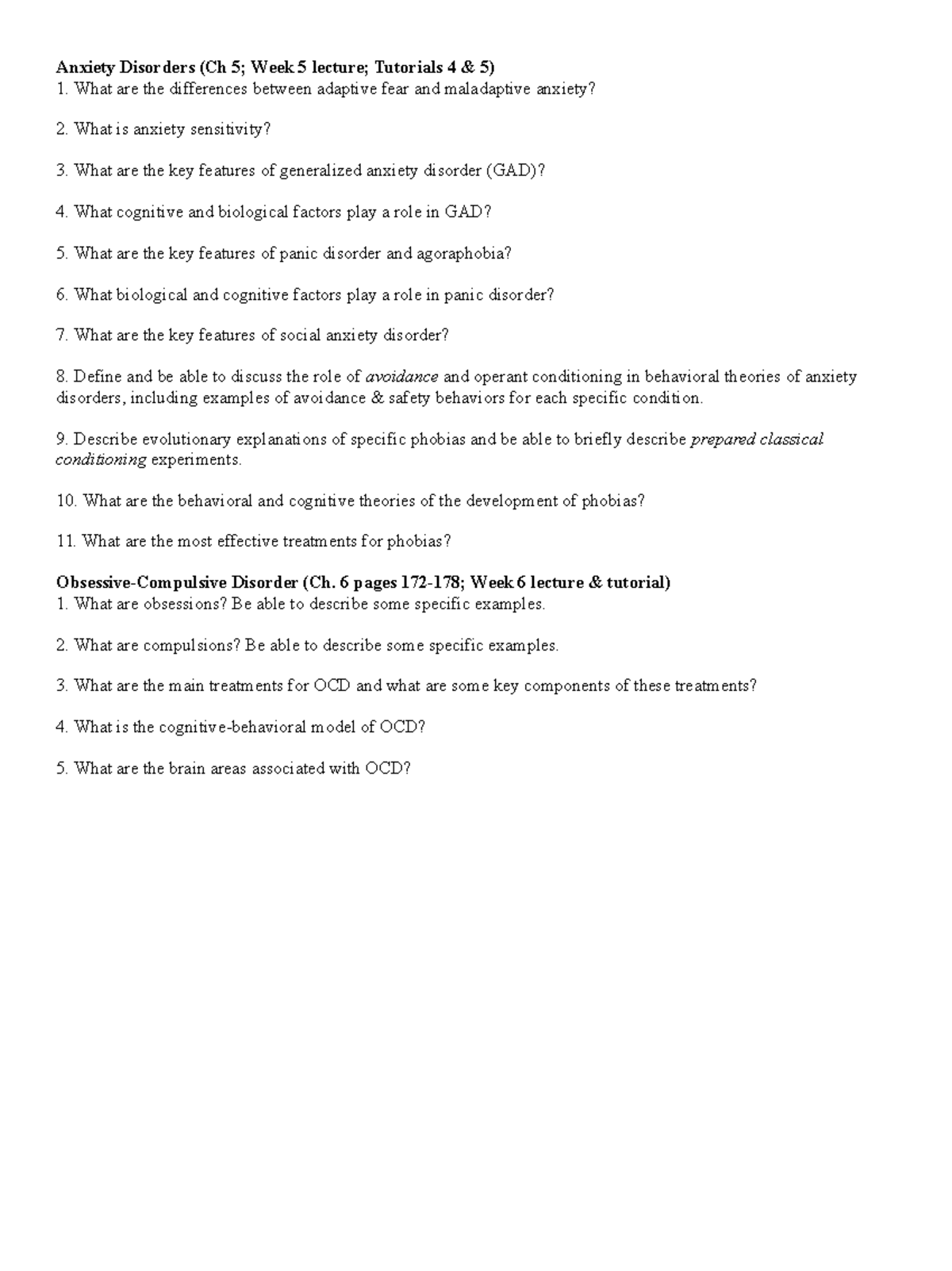 Exam 2 review anxiety; OCD; trauma; schizophrenia Anxiety Disorders