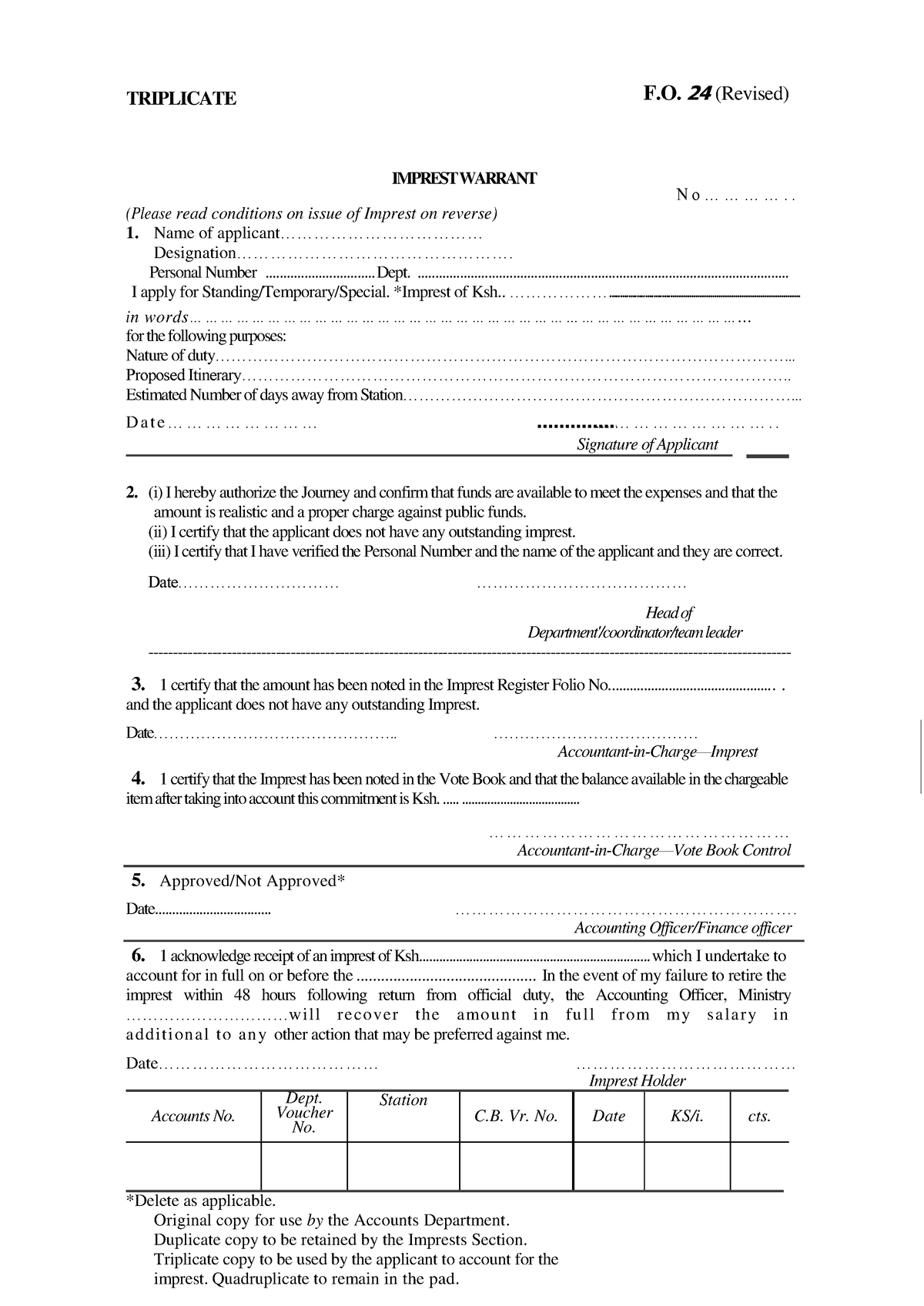 Imprest Warrant - Detailed notes - TRIPLICATE F. 24 (Revised ...