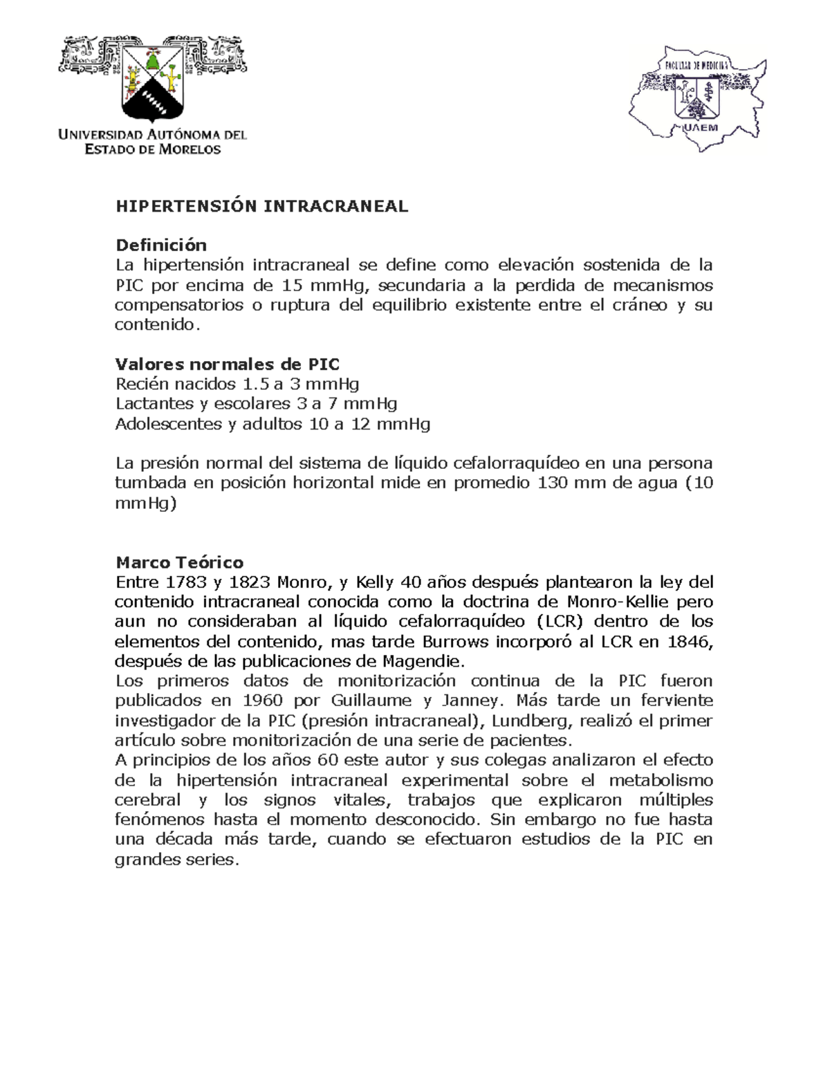 Presión intracraneal normal (icp)