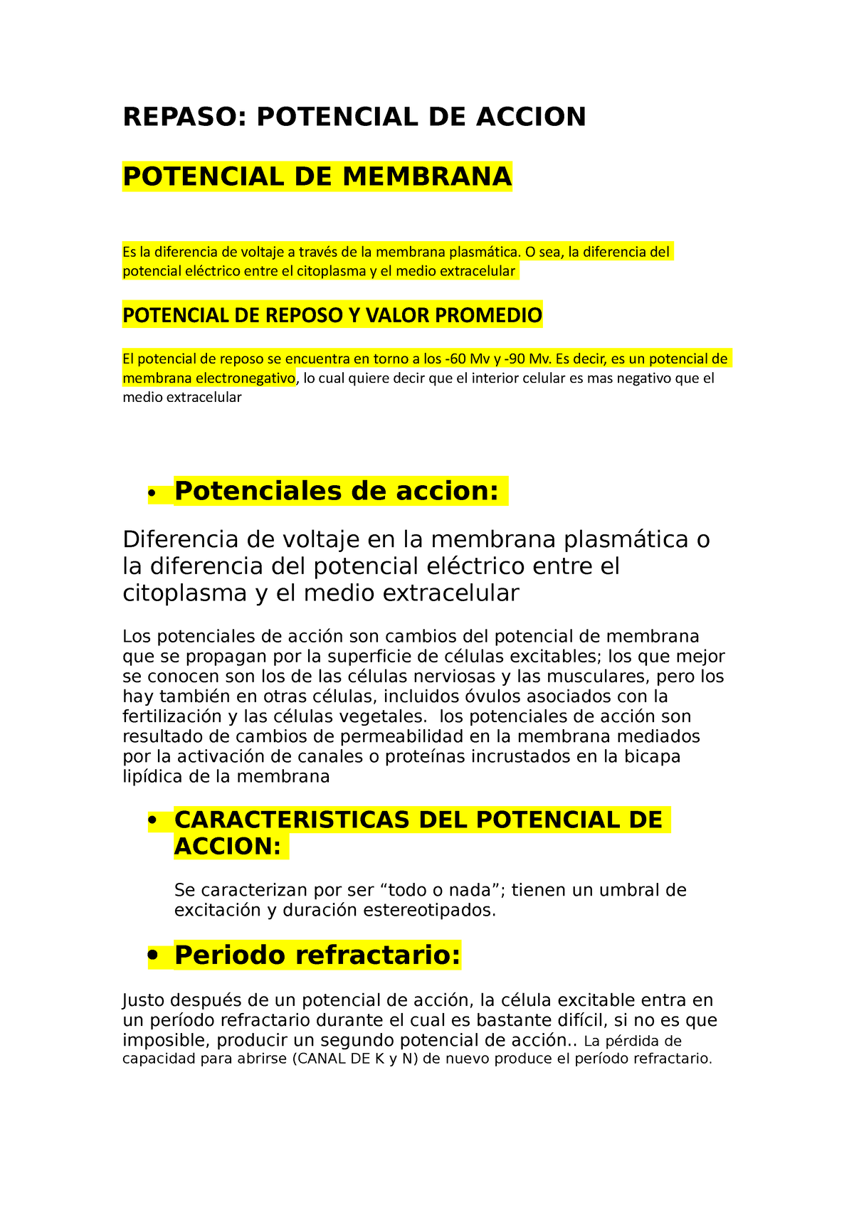 Repaso Potencial DE Accion - REPASO: POTENCIAL DE ACCION POTENCIAL DE ...