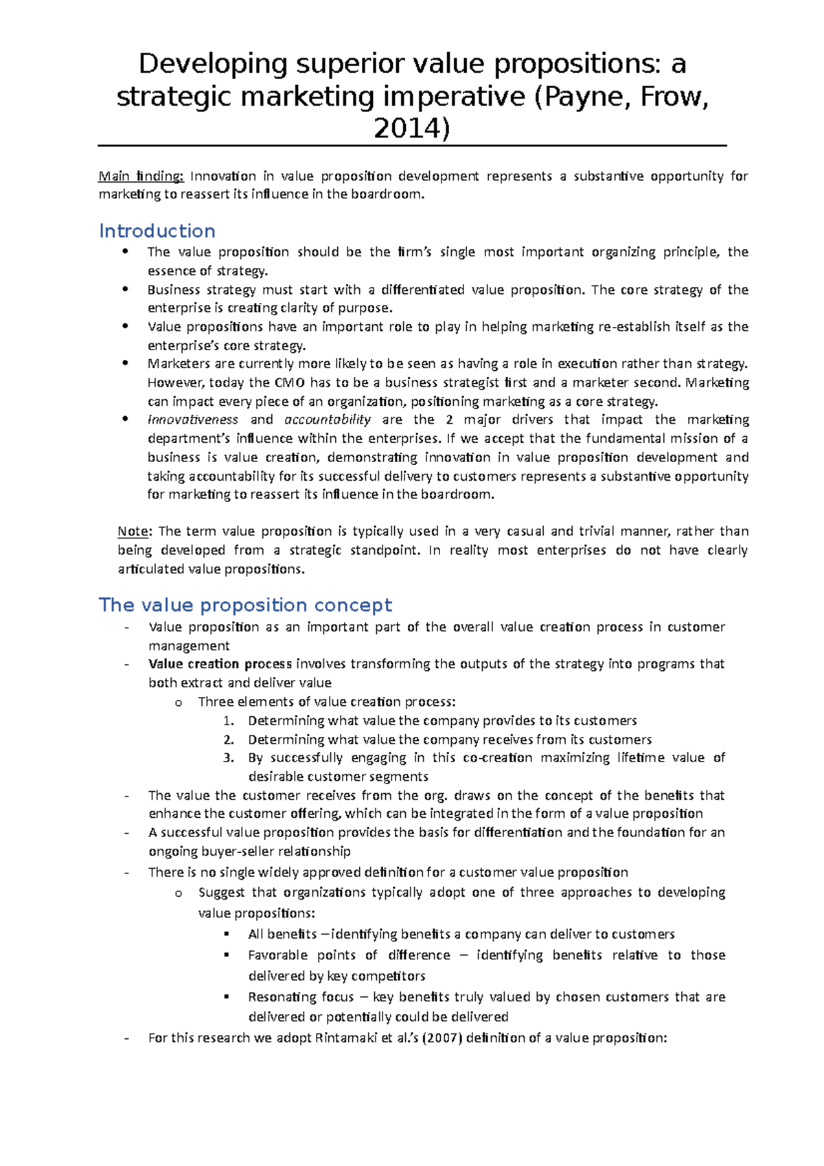 Developing Superior Value Propositions Summary Payne - Developing 