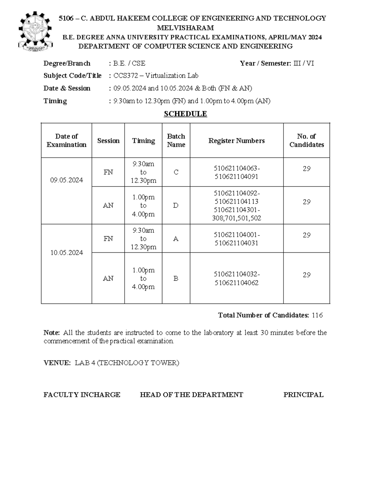 LAB Schedule CCS372- Virtualization - 5106 – C. ABDUL HAKEEM COLLEGE OF ...