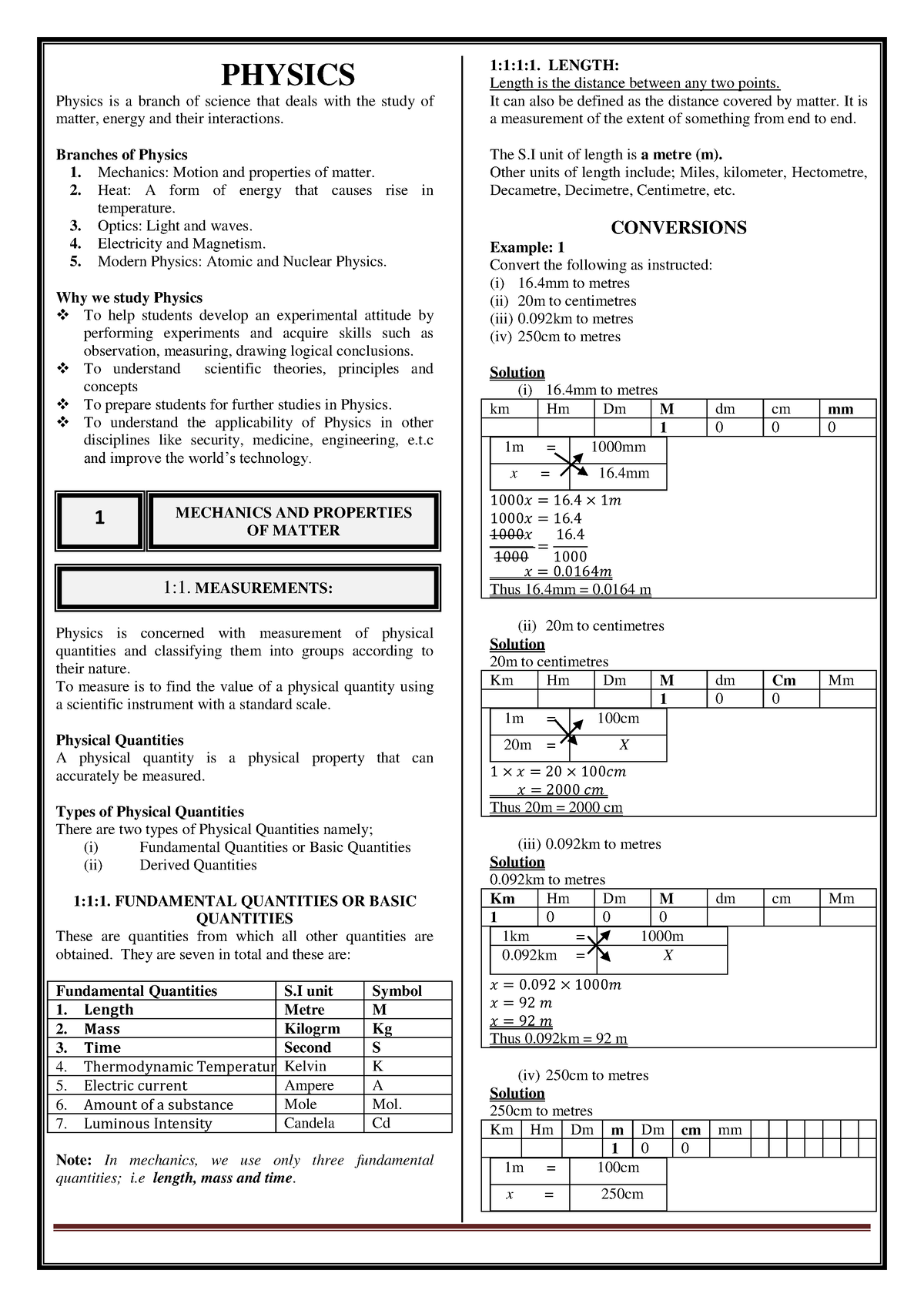 Physics Notes. O' Level - PHYSICS Physics is a branch of science that ...