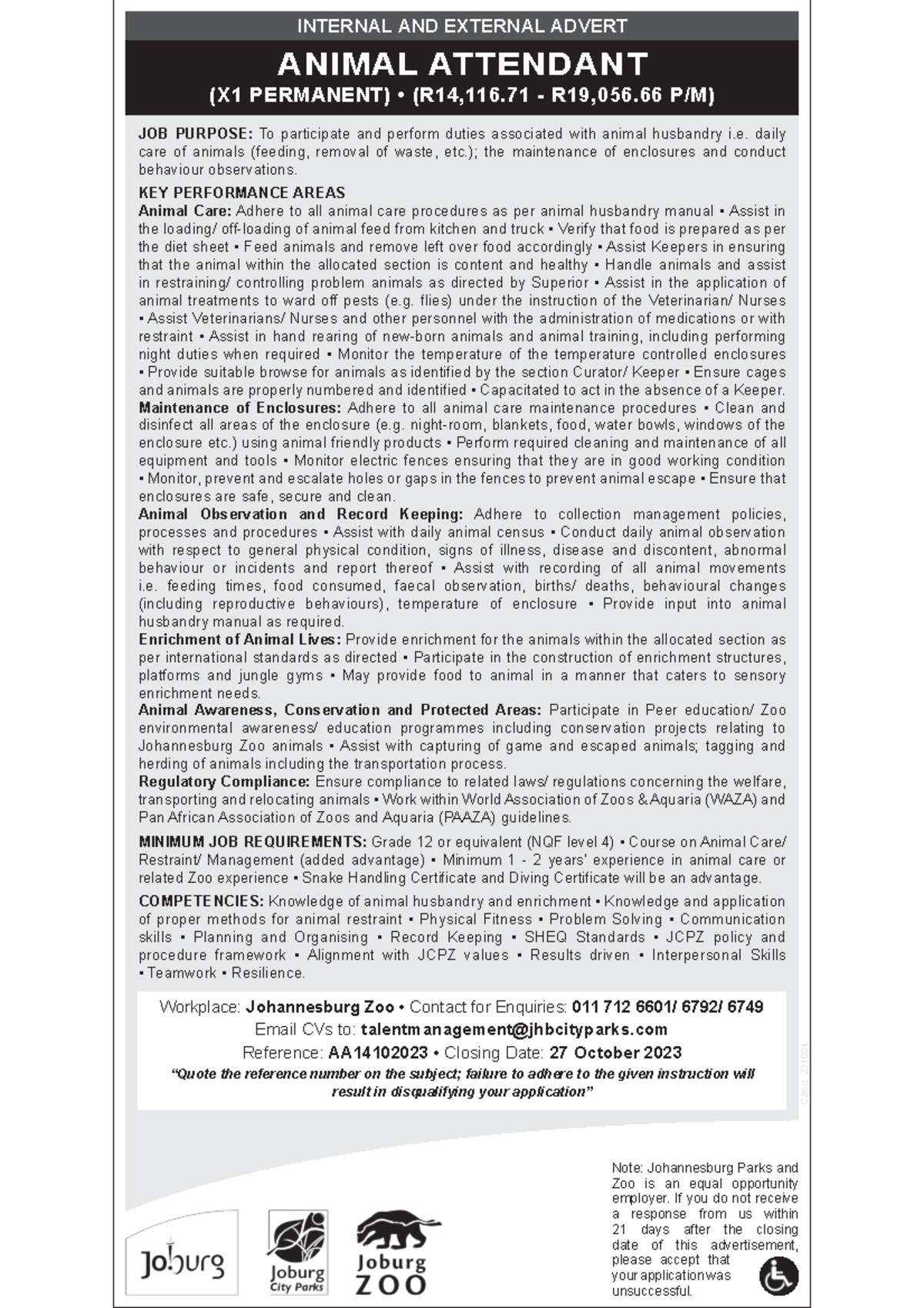 Animal Attendant advert CJmd_ ANIMAL ATTENDANT (X1 PERMANENT) • (R14