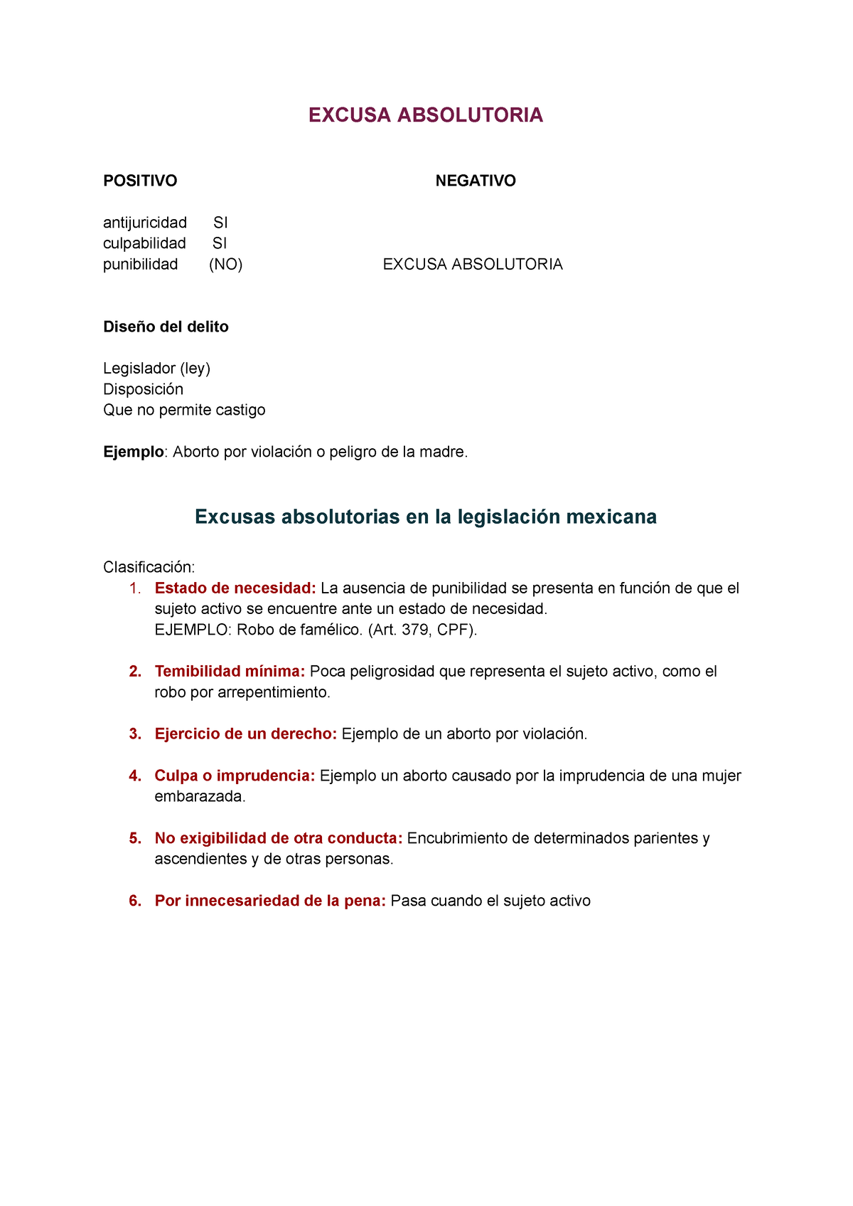 Excusas Absolutorias Excusa Absolutoria Positivo Negativo Antijuricidad Si Culpabilidad Si