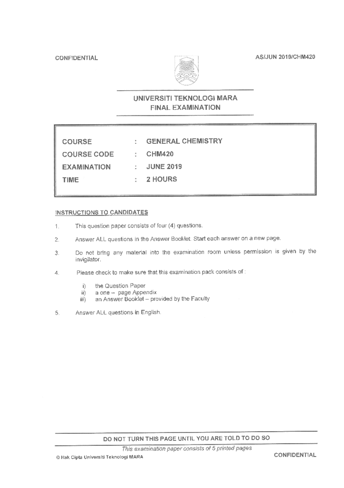 CHM420 2019 2 - past year 3 - organic chemistry - UiTM - Studocu