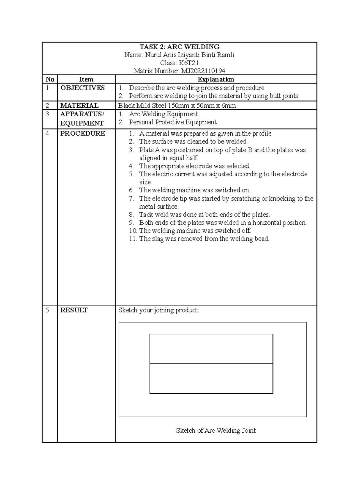 Welding Report Basic Engineering - TASK 2: ARC WELDING Name: Nurul Anis ...