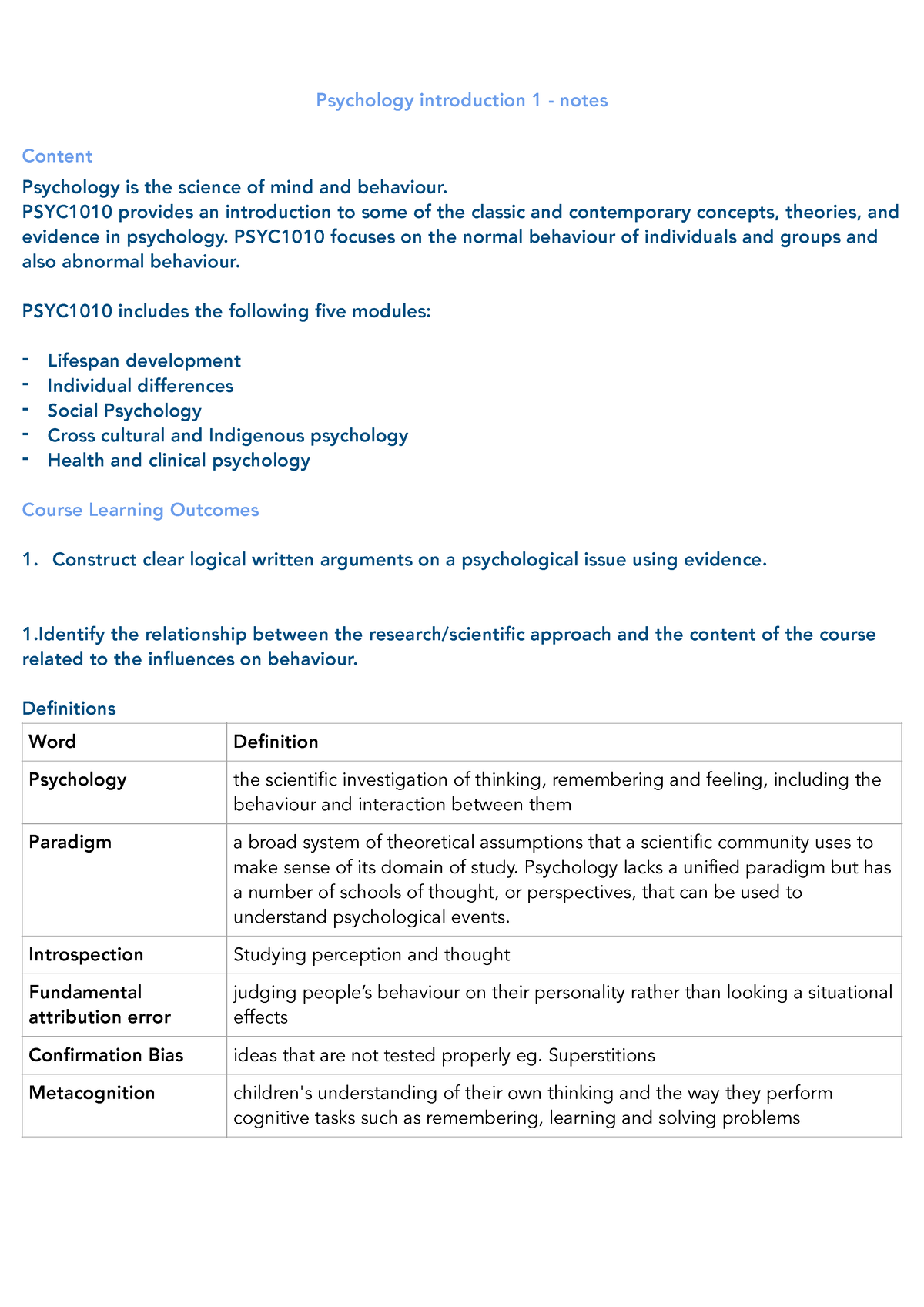 Psychology Introduction 1 - Notes - Psychology Introduction 1 - Notes ...