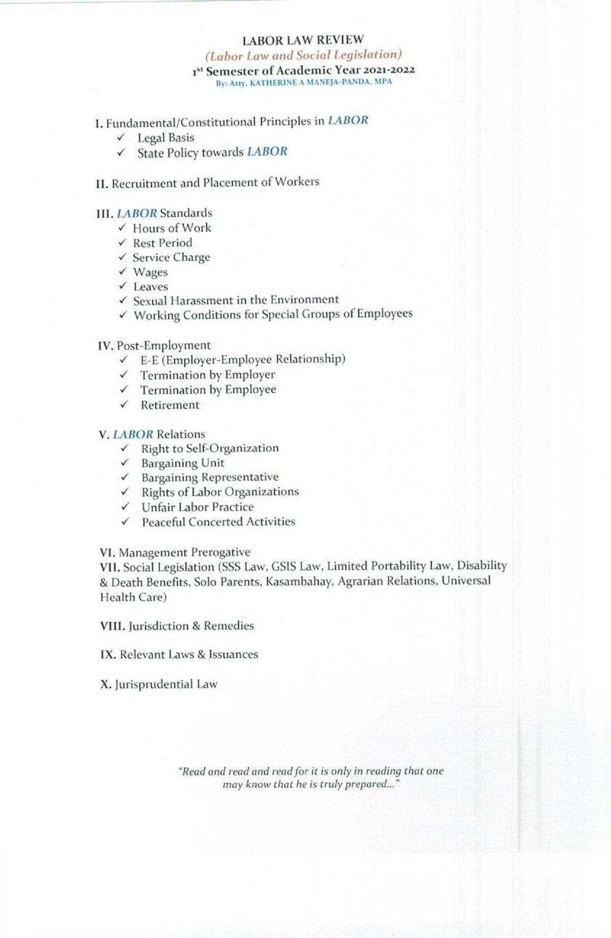 Course outline Labor REView - Criminal law - Studocu