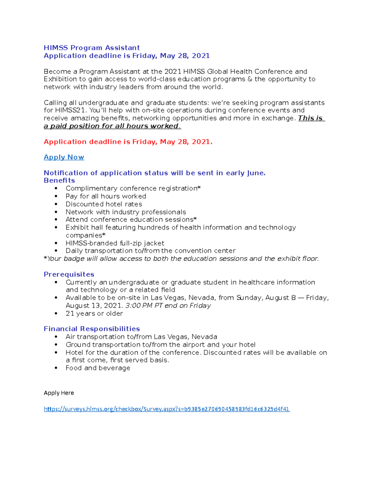 Himss Program Assistant Application deadline is Friday HIMSS Program