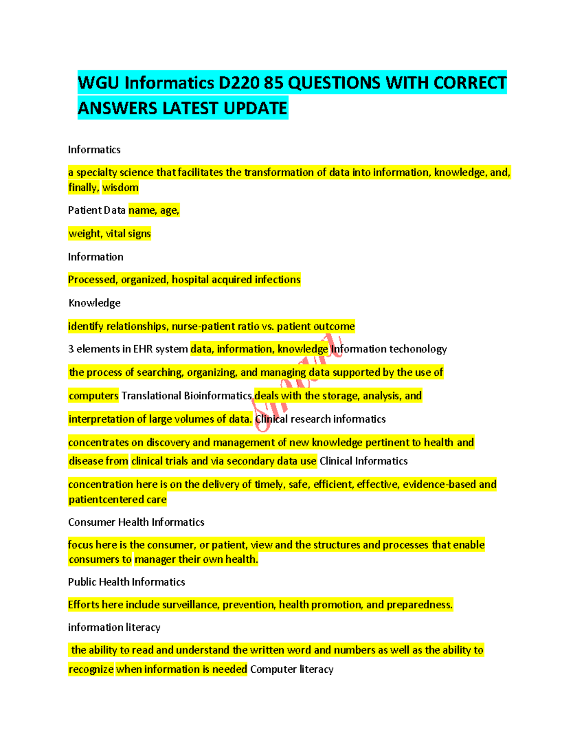 WGU Informatics D220 85 Questions WITH Correct Answers Latest Update ...