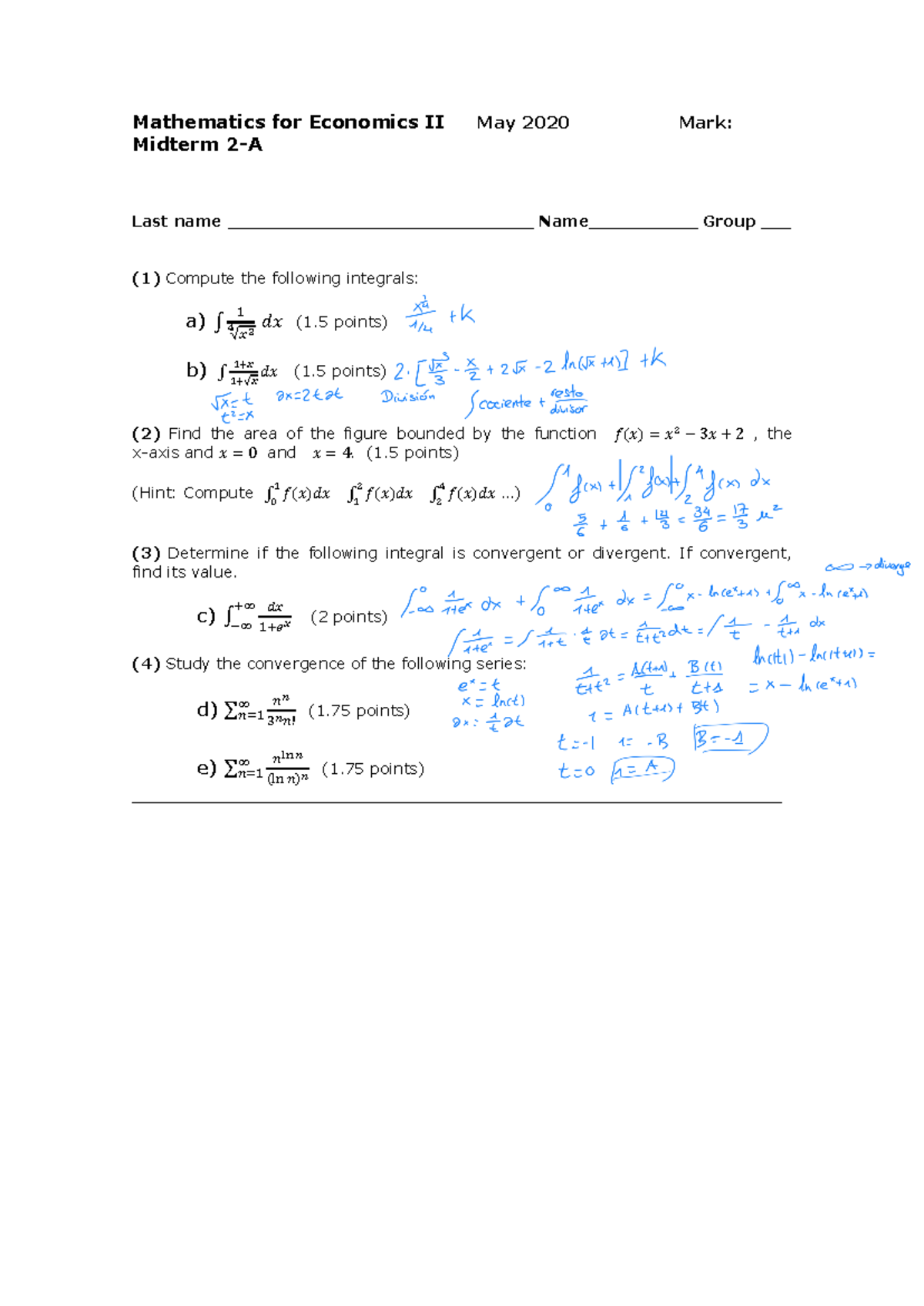 Midterm 2 Mates - Mathematics for Economics II May 2020 Mark: Midterm 2 ...