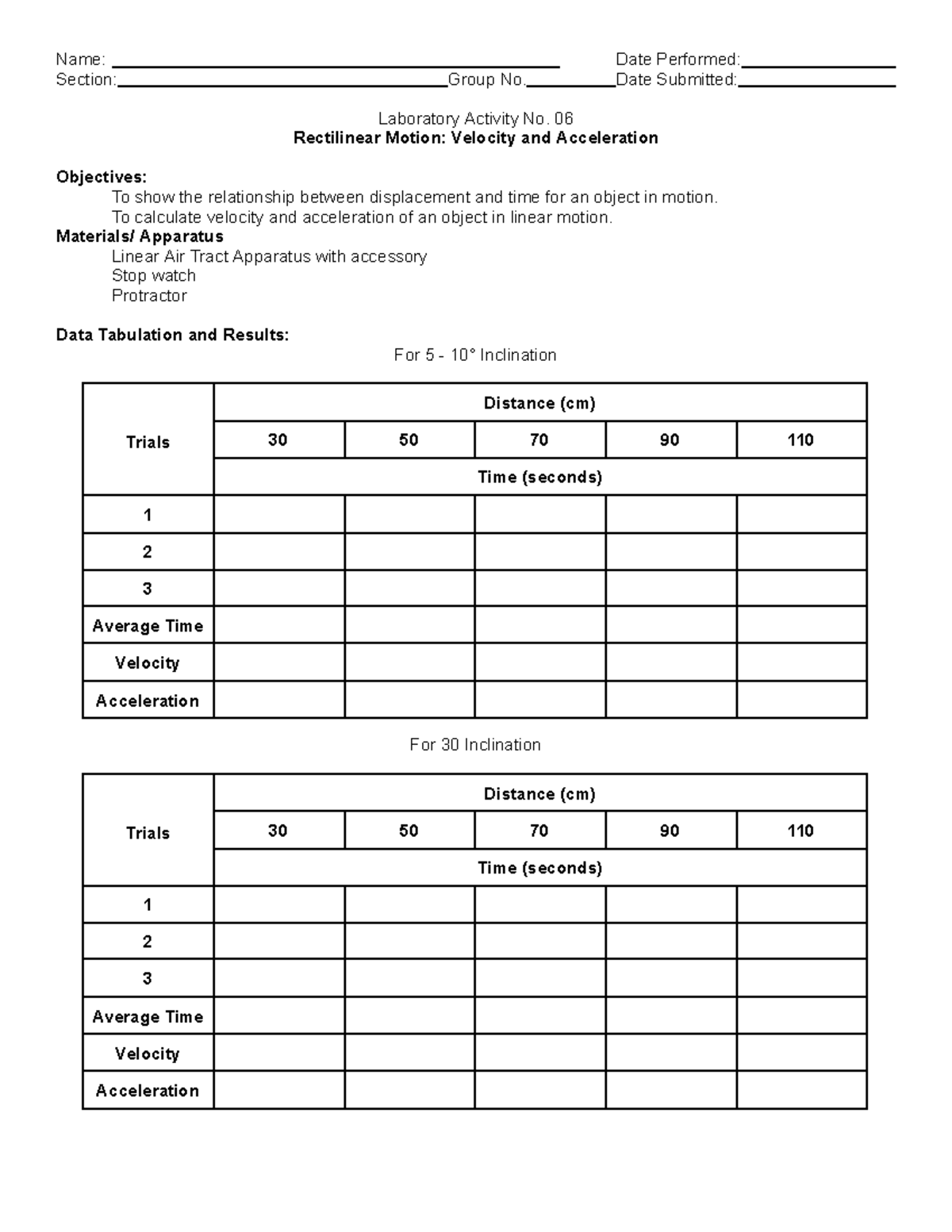 Physics - Name: Date Performed: Section: Group No. Date Submitted ...