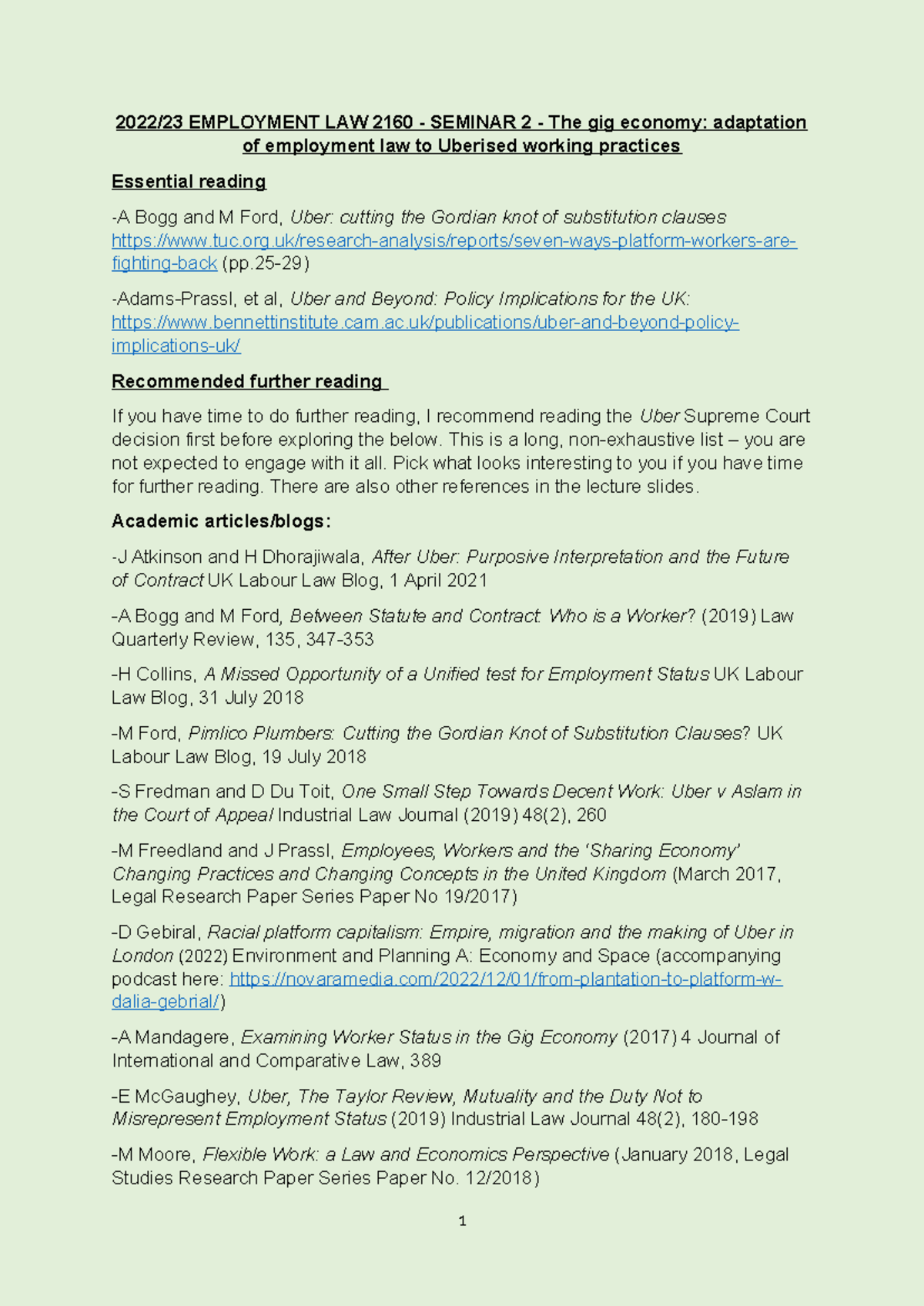 Unit 2 seminar - shared - 2022/23 EMPLOYMENT LAW 2160 - SEMINAR 2 - The ...