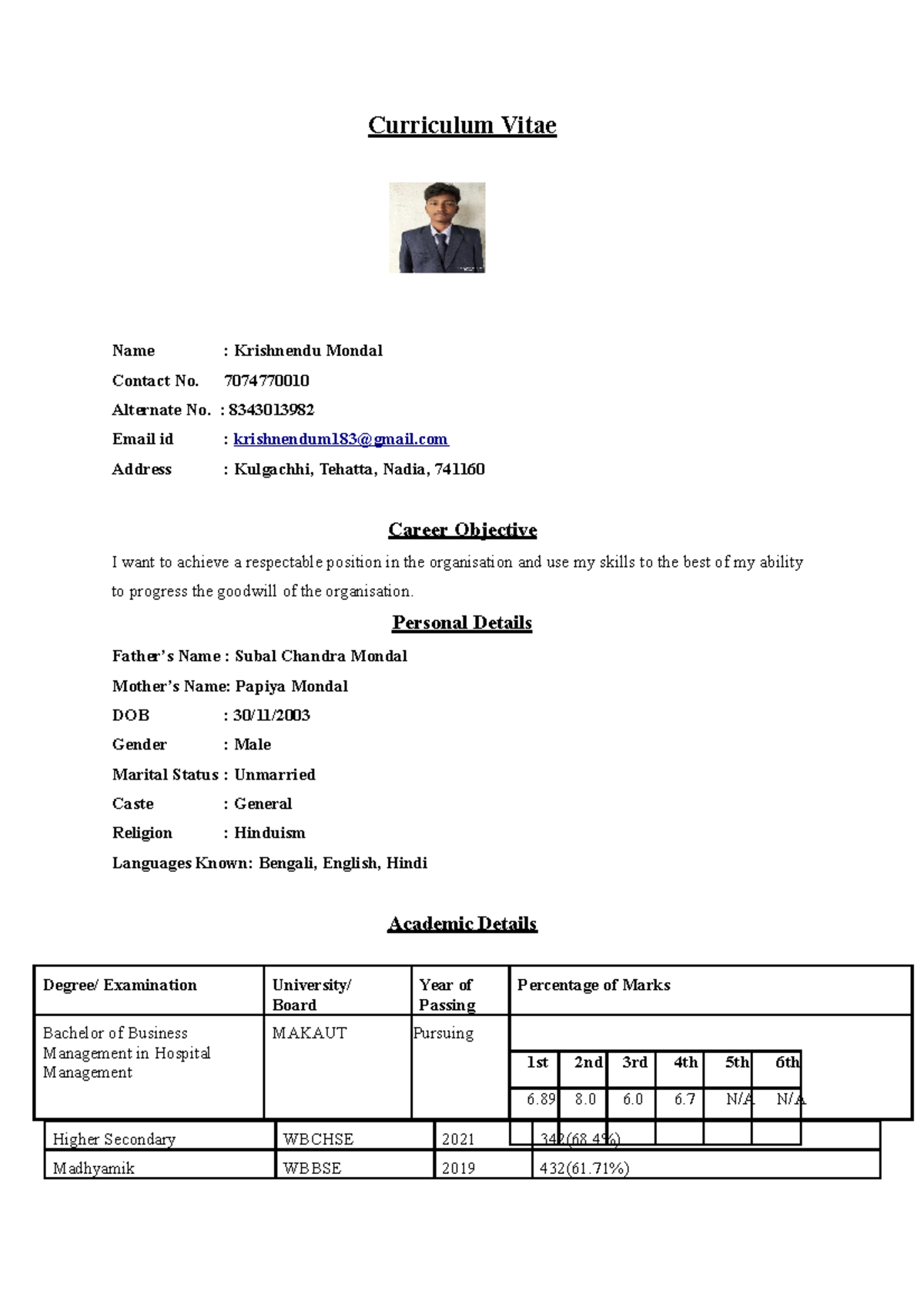 Krishnendu Mondal - Curriculum Vitae Name : Krishnendu Mondal Contact ...