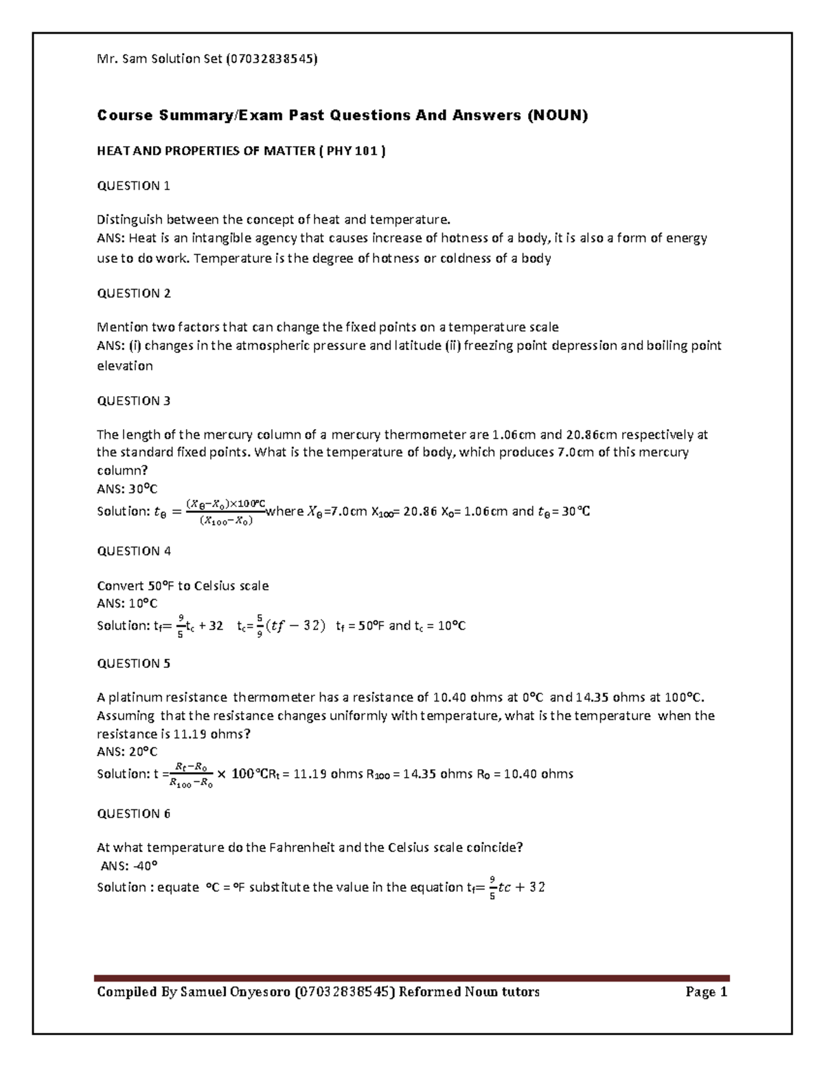 PHY 101 Course Summary&Past questions and Answers - Course Summary/Exam ...