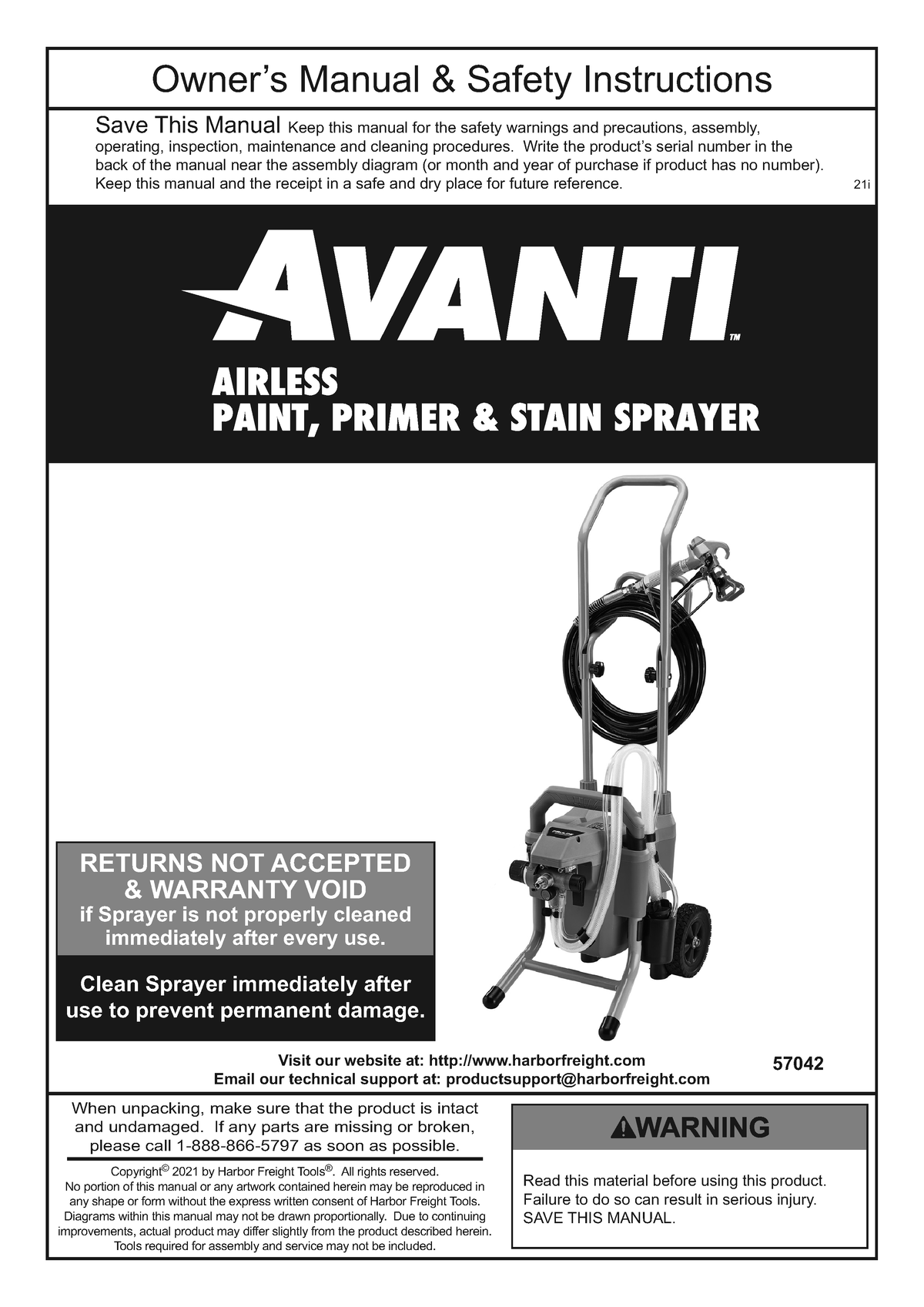 Avanti Airless Paint Sprayer - 57042 (57042-193175449443) (Manual ...