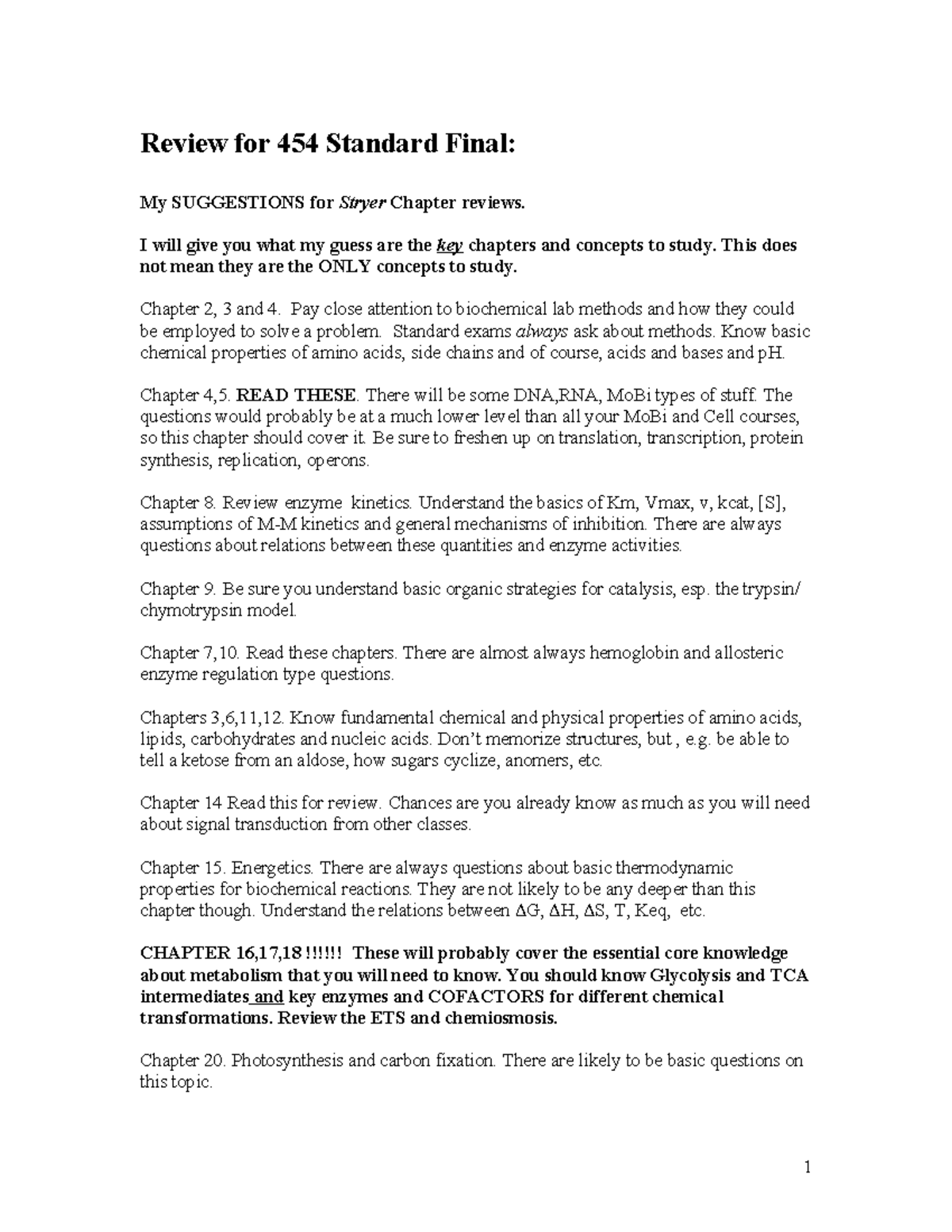 Sgfinal - Review for 454 Standard Final: My SUGGESTIONS for Stryer ...