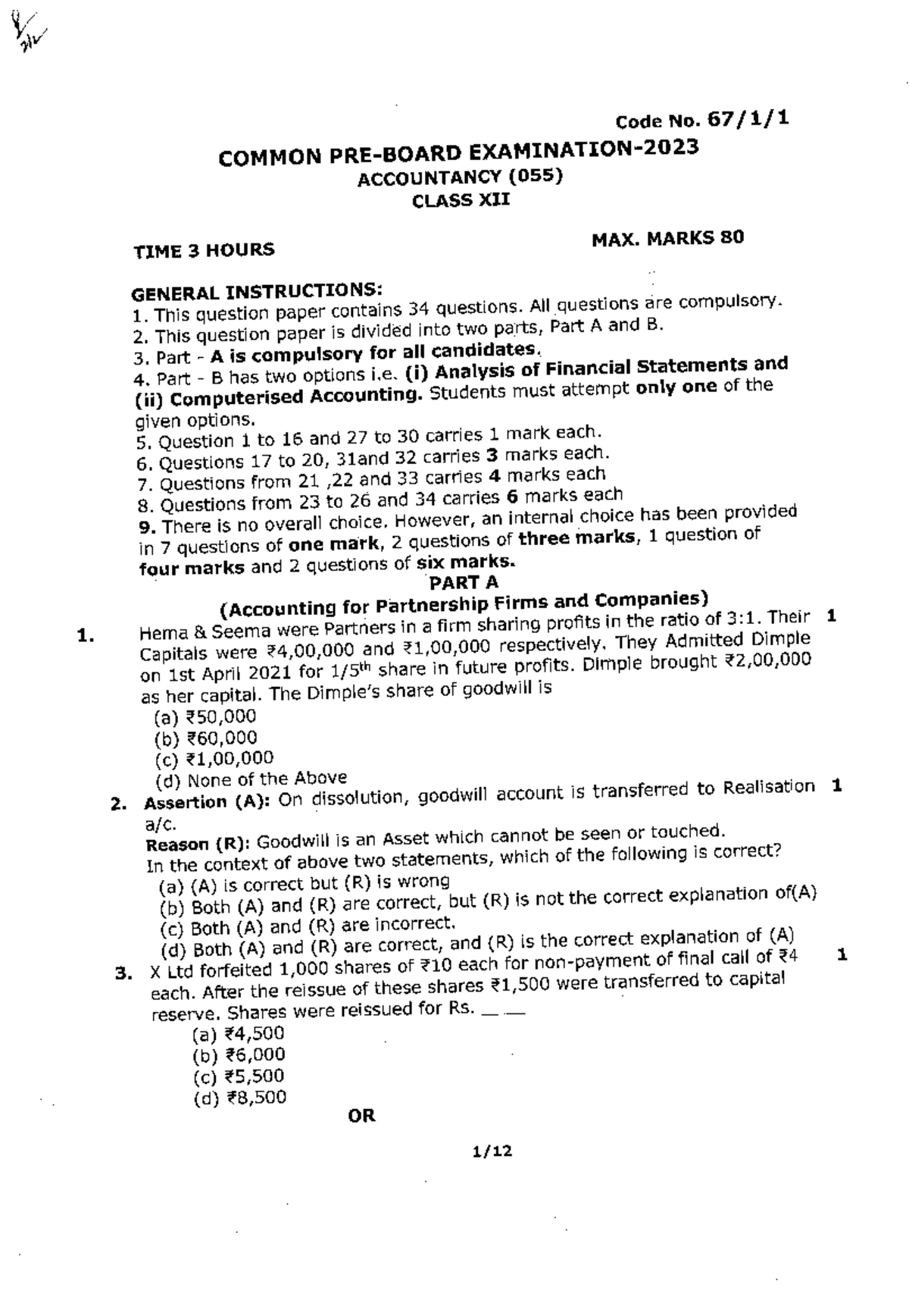 Accountancy - Accts paper - Code No. COMMON ACCOUNTANCY (055) CLASS XII ...