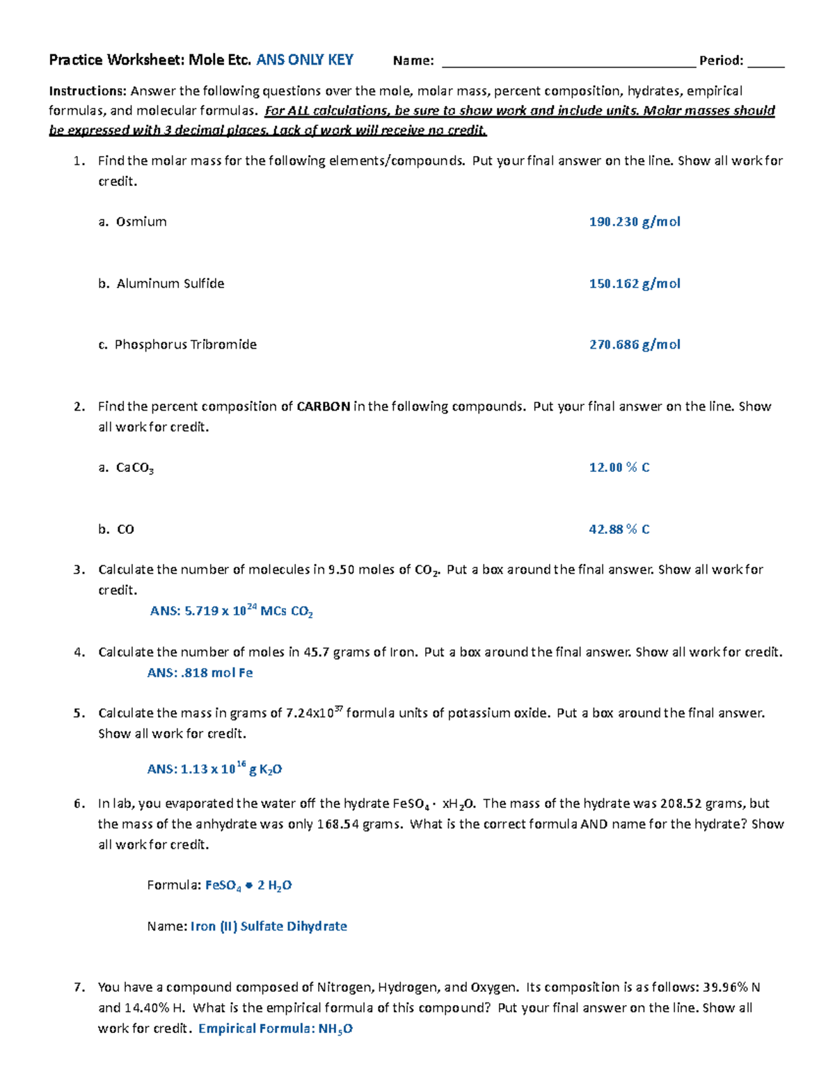 Practice Worksheet (Quiz Review) ANS ONLY KEY - Practice Worksheet ...