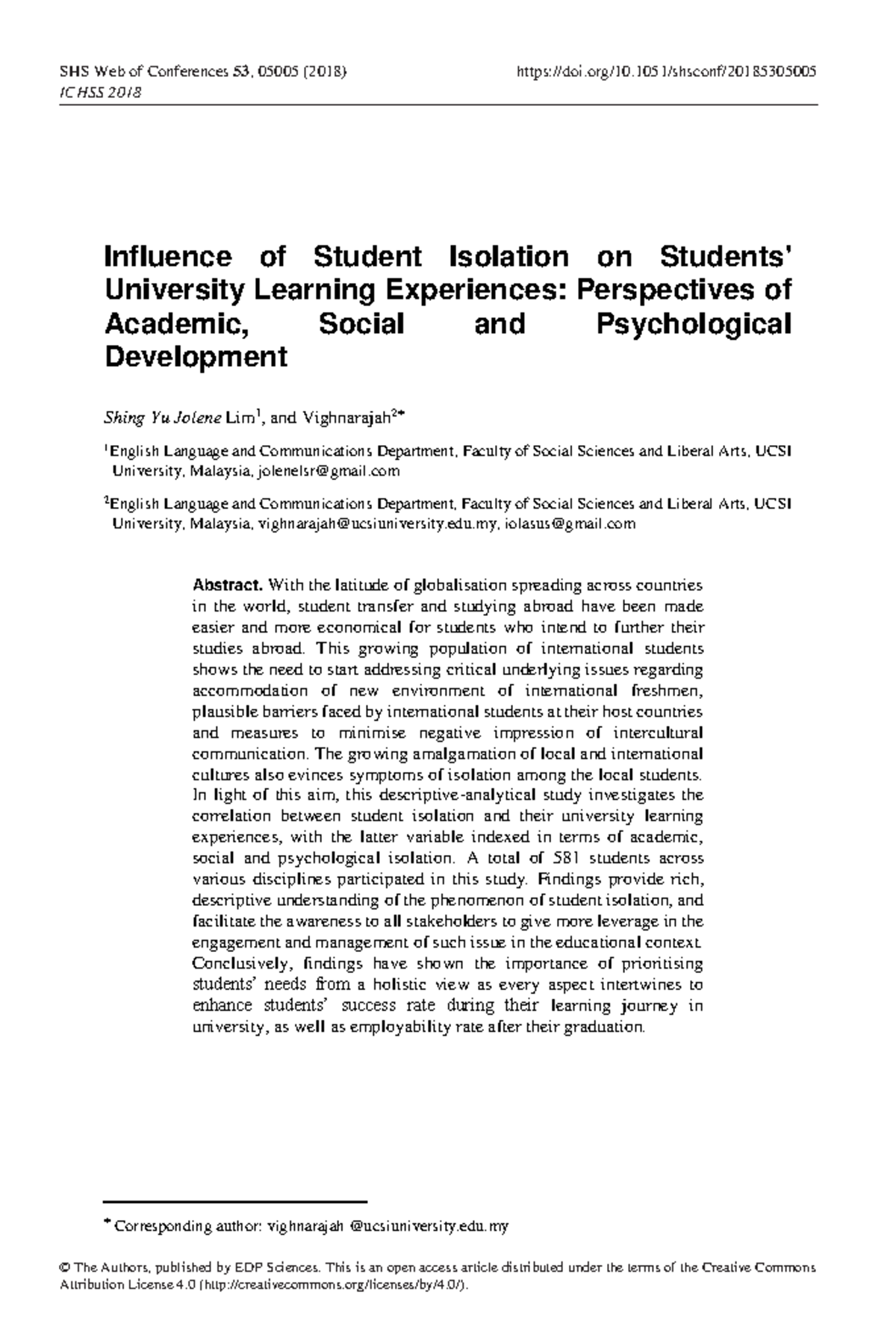 Influence of Student Isolation on Students Univer - Influence of ...