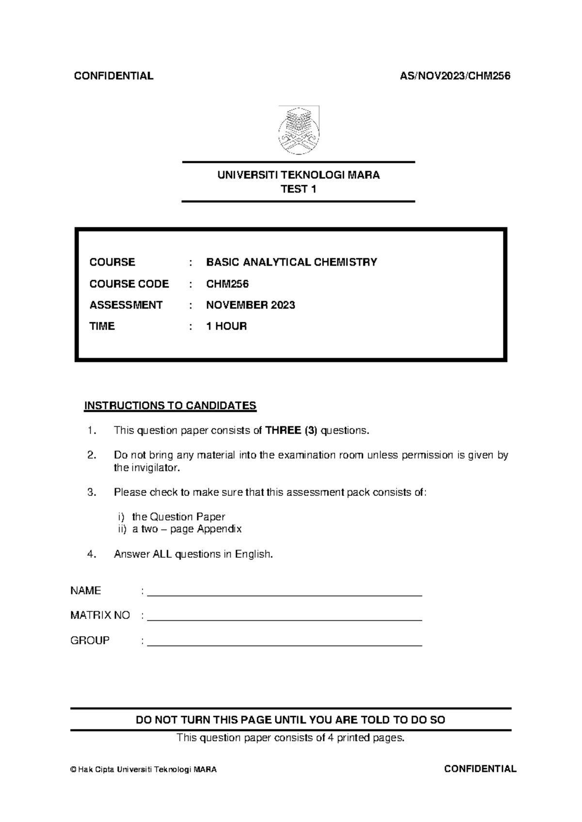 20234 test 1 chm256 question paper set a confidential as nov 2023