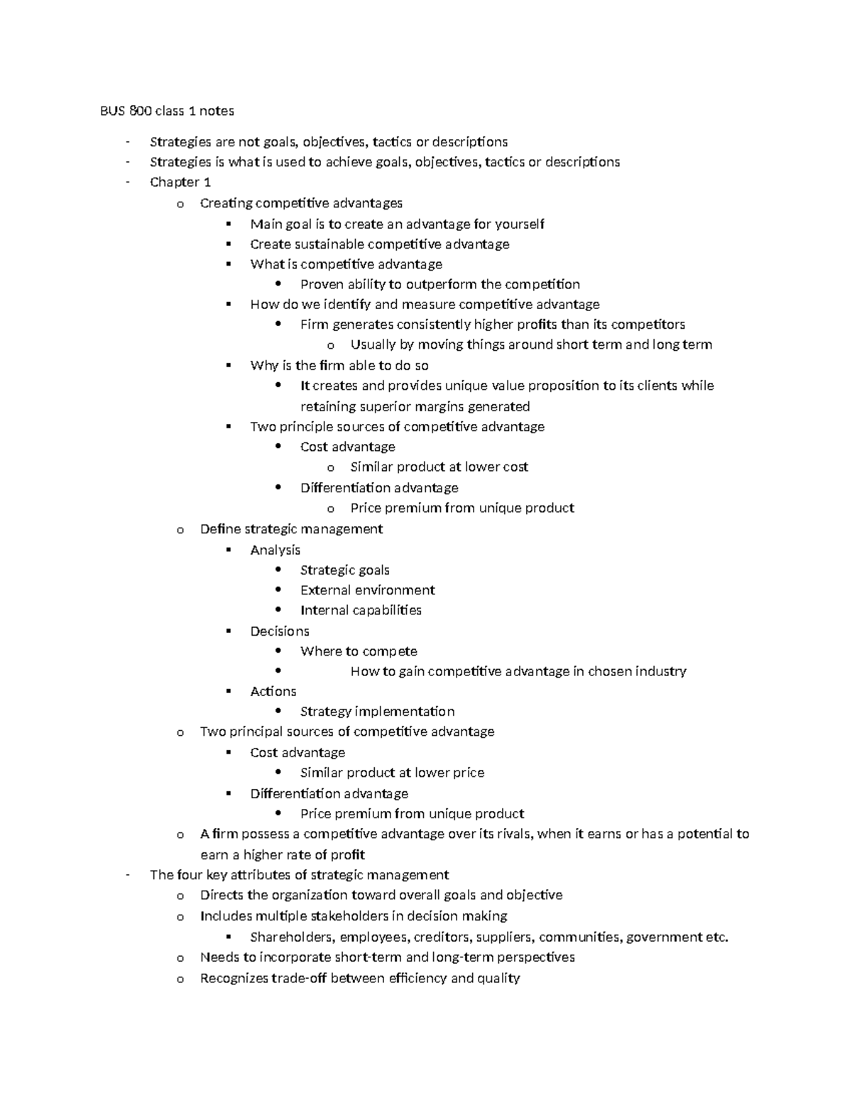 BUS 800 First class - BUS 800 class 1 notes - Strategies are not goals ...